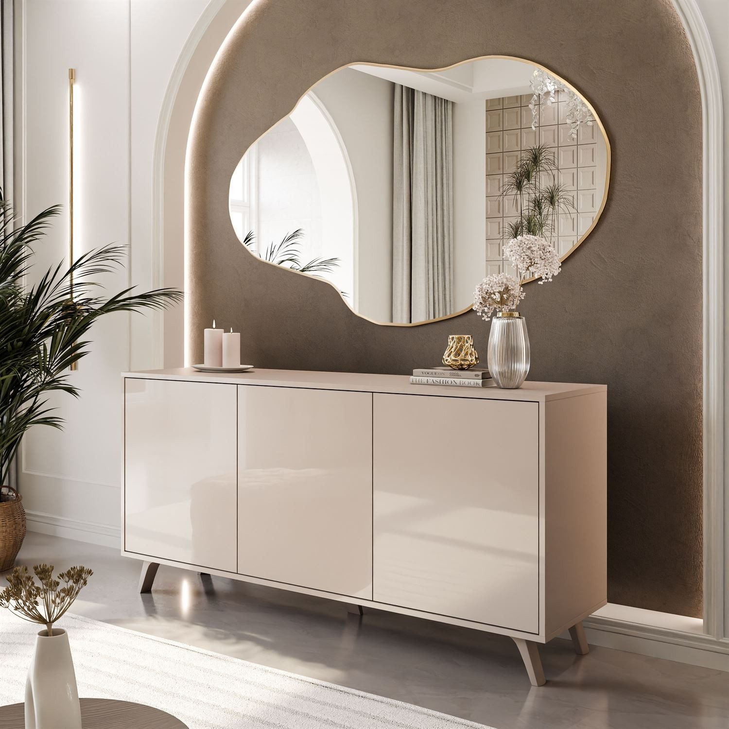 ALLHOUSE24 Kommode MANDY Dreitürige Kommode in Hochglanz Sideboard Kaschmir Weiß (1x Kommode), Breite: 154 cm
