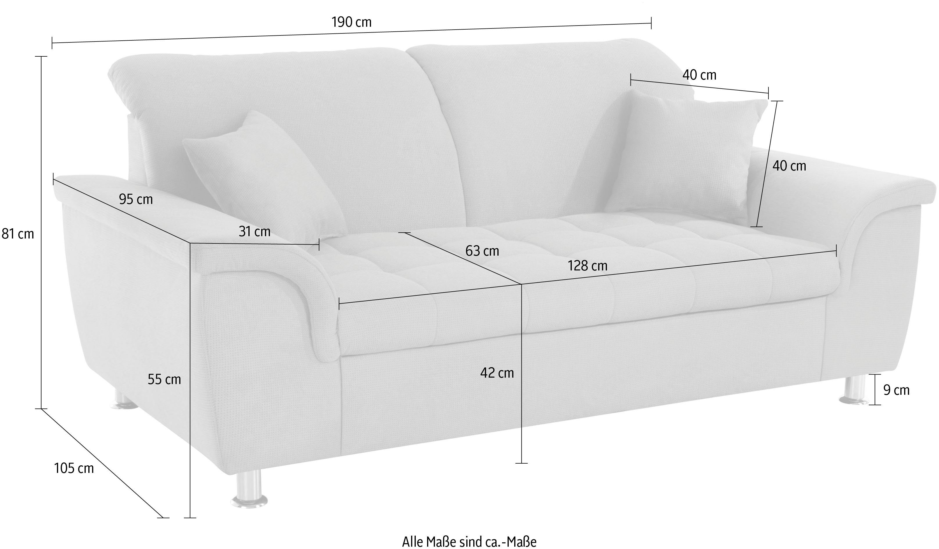 DOMO collection 2-Sitzer Franzi, zeitlos & elegant, moderne Sitzheftung, wahlweise mit Kopfteilverstellung, inklusive Zierkissen