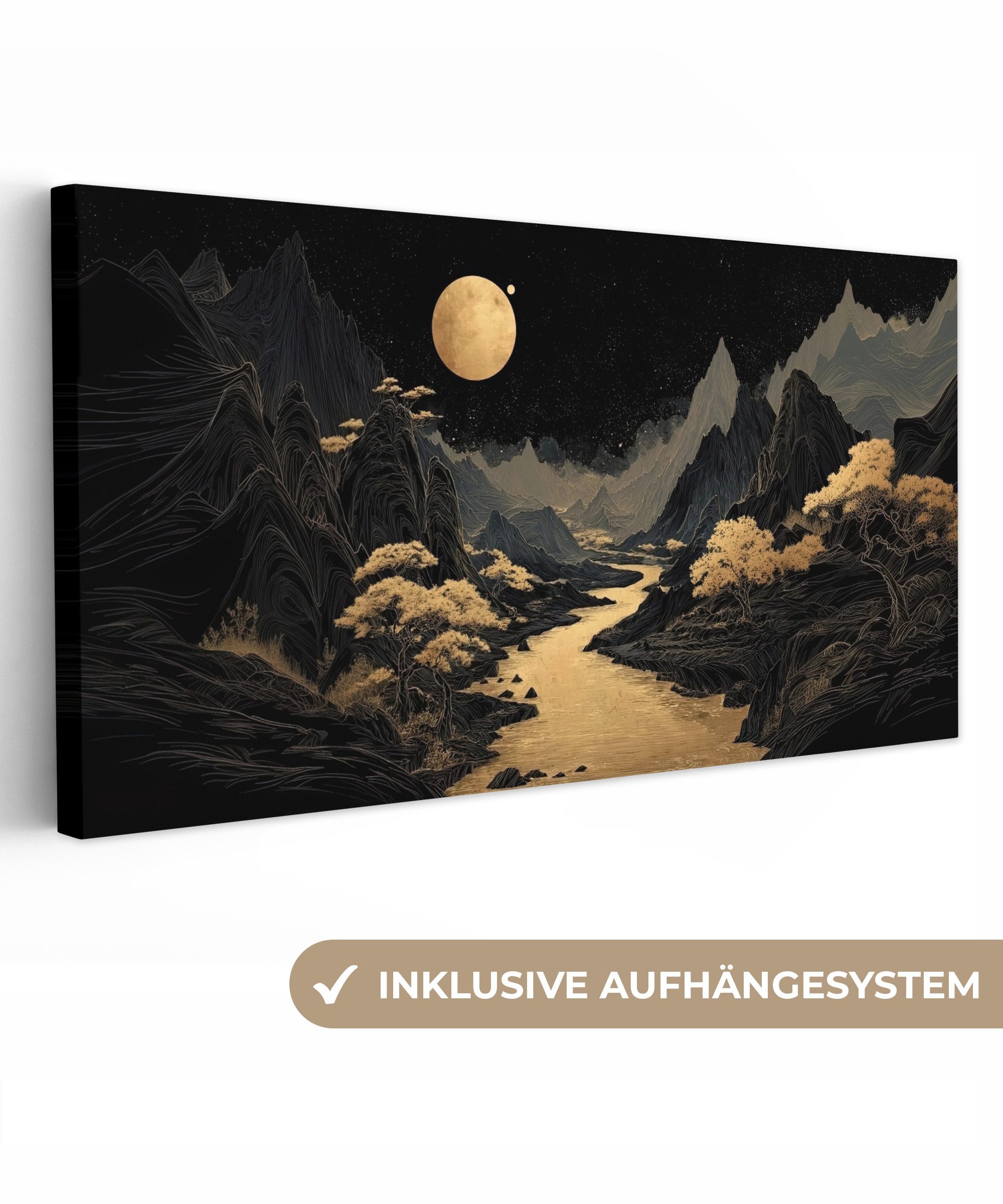 OneMillionCanvasses® Leinwandbild Panorama Goldener Fluss - Berge - Mond - Sternenhimmel, Fotodruck (1 St), Wandbild, Deko Schlafzimmer Wohnzimmer Flur 40x20 cm