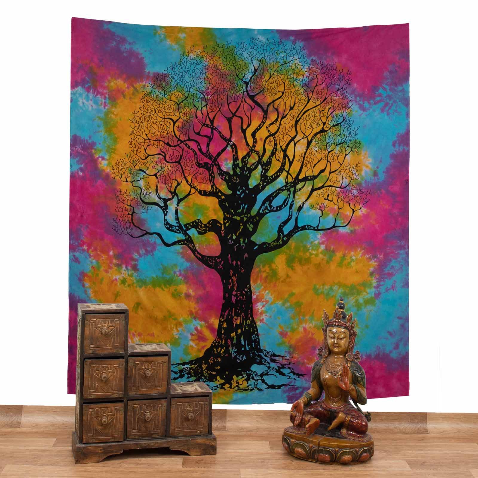 KUNST UND MAGIE Wandteppich Dekotuch Tuch Wandbehang Bunt Baum Lebensbaum XL ca.230 x 210 cm