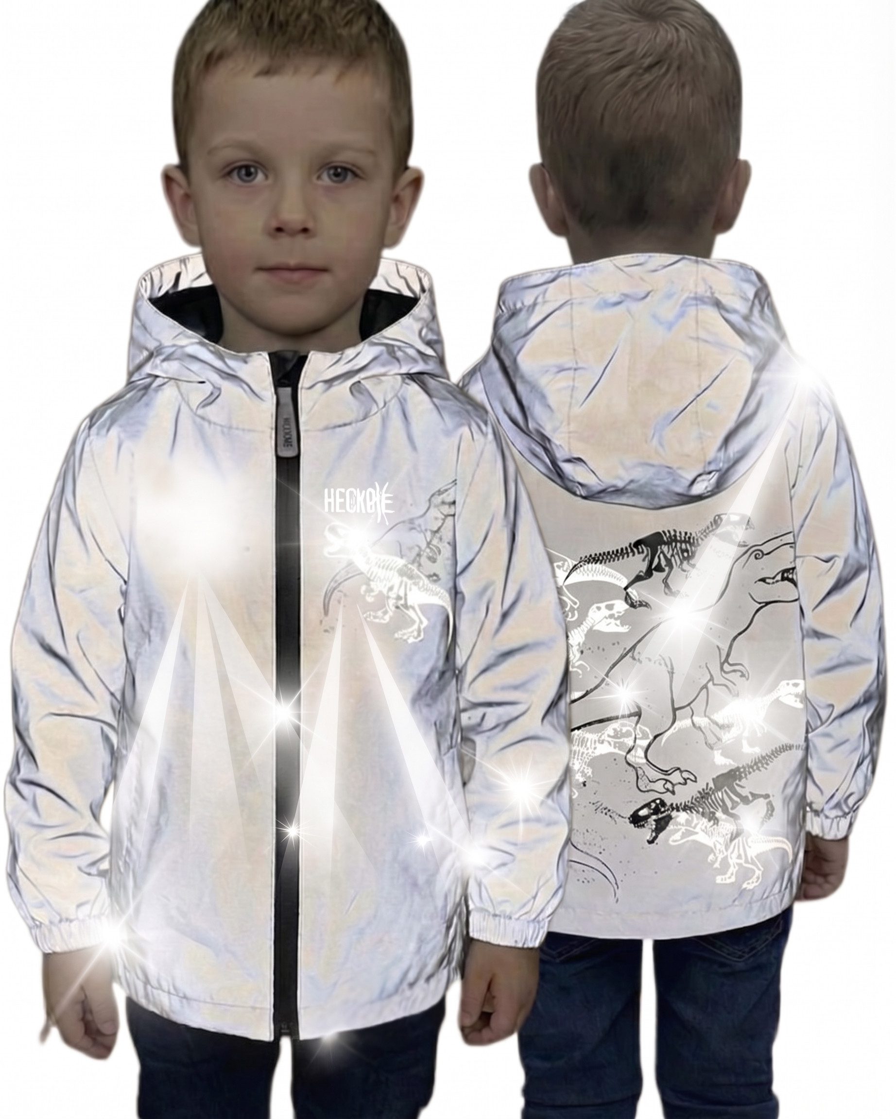 HECKBO Regen- und Matschjacke 360° Reflektor Kinder Regenjacke Windjacke Jacke Dinosaurier 3-6 Jahre