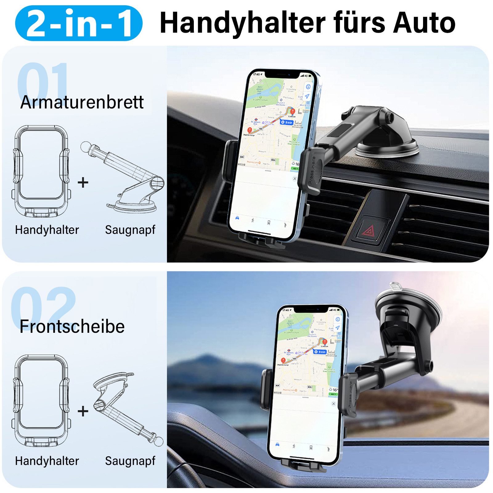 MOPUEA Smartphone-Halterung 2 IN 1 Auto Handyhalterung 360° Drehbar Saugnapf Einhandbedienung, (Auto Handyhalterung mit Saugnapf und 360° Drehung, Geeignet für Navigation Musik und Freisprechen im Auto, 360° drehbar kratzfest und stabiler Saugnapf Halt)