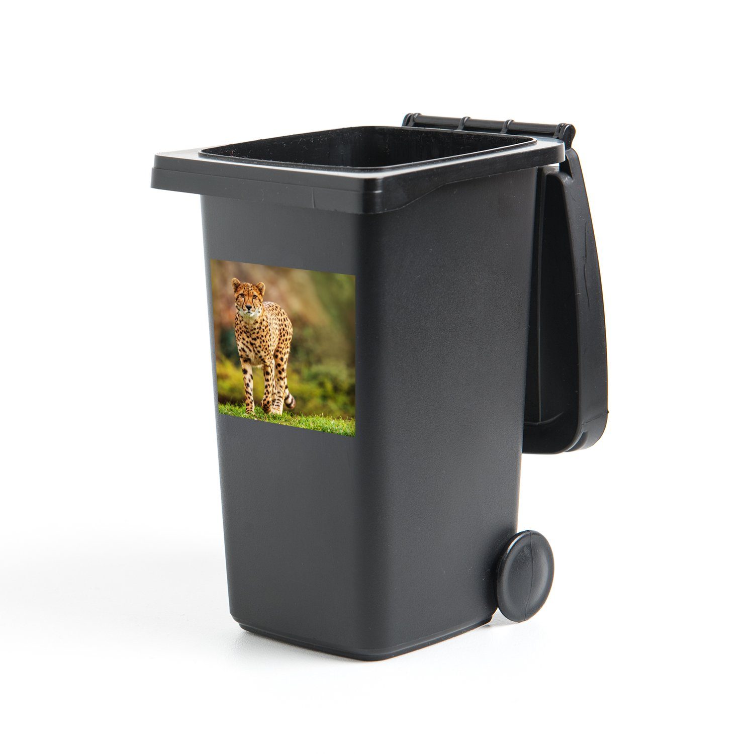 Leopard - Gras - Mülltonne, St), Container, (1 Wandsticker Natur MuchoWow Mülleimer-aufkleber, Wildtiere Sticker, - Abfalbehälter