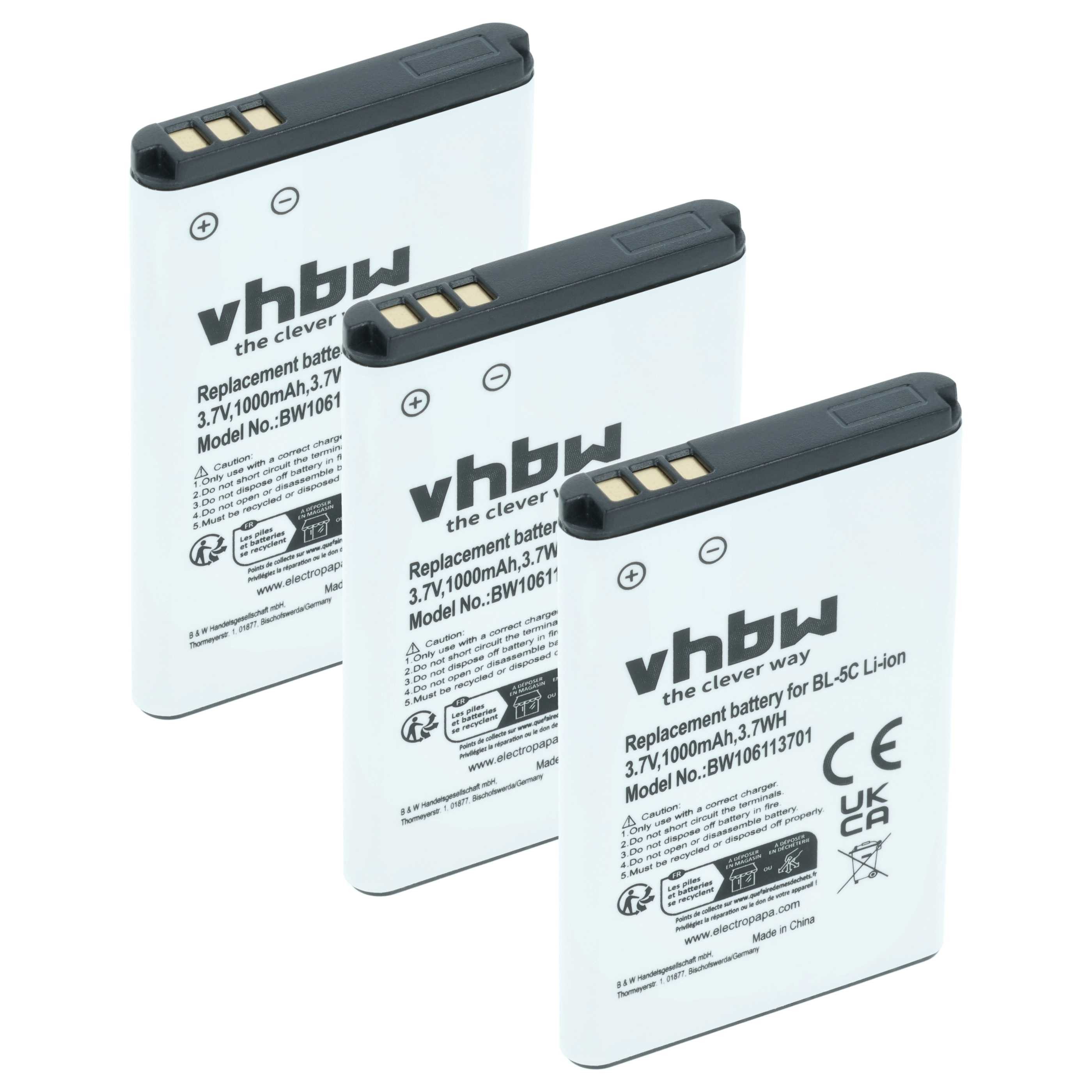 vhbw Akku Ersatz für BBK BK-BL-5C, BL-OS4, BP-MPB16, BP-75LI für Mobilfunk Smartphone-Akku Akku Li-Ion 1000 mAh (3,7 V, 3 St), Leistungsfähige Austausch-Akkus für Telefon, Smartphone