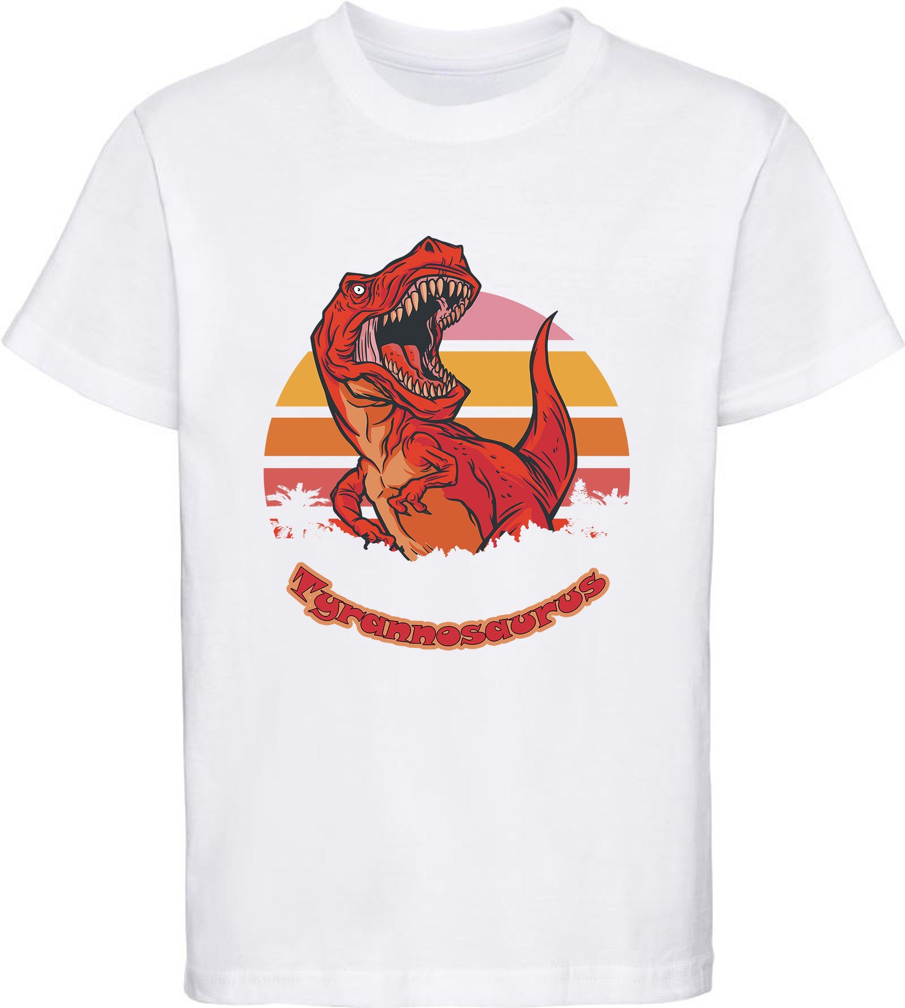 MyDesign24 Print-Shirt bedrucktes Kinder T-Shirt mit roten brüllendem T-Rex Baumwollshirt mit Dino, schwarz, weiß, rot, blau, i100 weiss
