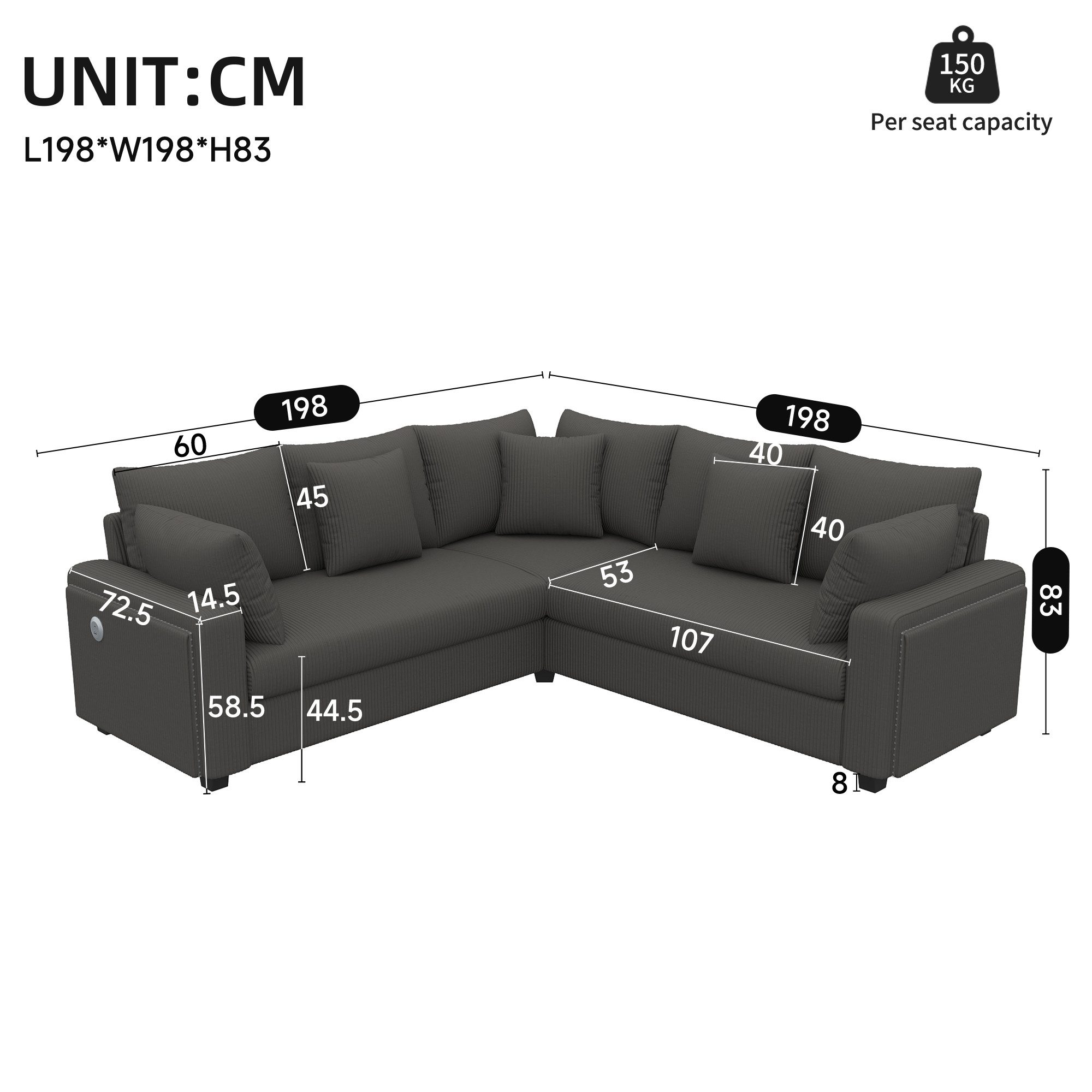 Merax Ecksofa mit LED-Beleuchtung und USB- & USB-C-Ladeanschluss, 198×198×83cm 1 Teile, L-förmiges Sofa Ecksofa, 5-Sitzer Couch mit Kissen, Cordstoff. Reduzierter Preis € 619,99. Unverbindliche Preisempfehlung € 1.059,99