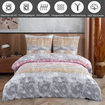 Bettwäsche, Buymax, Renforcé, 3 teilig, Bettbezug-Set 200x220 cm 100% Baumwolle mit Reißverschluss gestreift