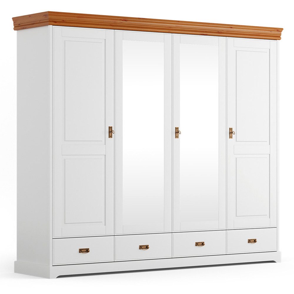 Lomadox Kleiderschrank TERMOLI-163 Kiefer massiv in weiß mit braun, 253 cm, 4 Türen, 4 Schubladen