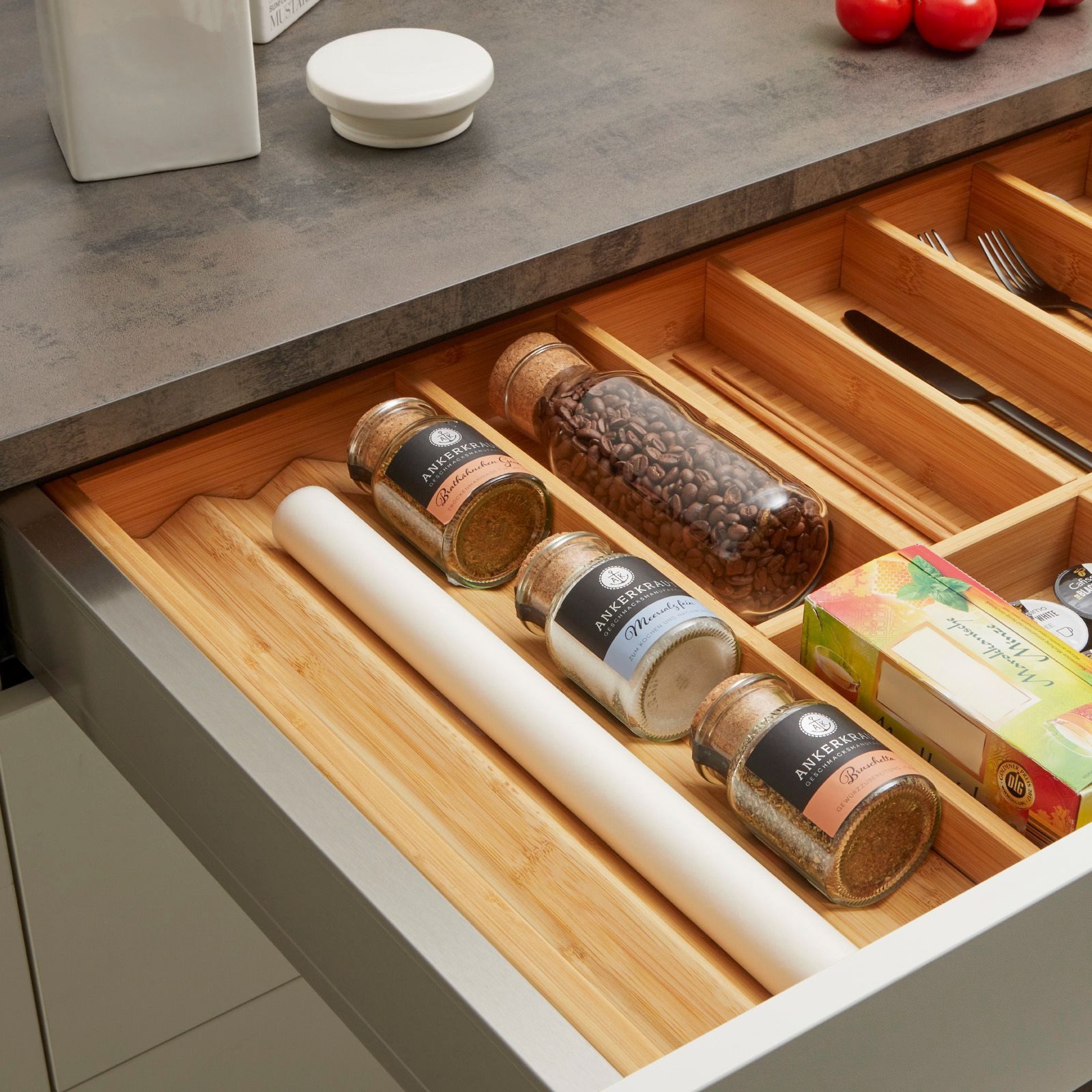 SO-TECH® Besteckeinsatz Orga-Box-1 BAMBUS Besteckeinsatz für Schubkästen mit 500 mm, 7 Fächer, für Blum Tandembox / Antaro Schublade 80cm Schrankbreite – Bild 5 von 5
