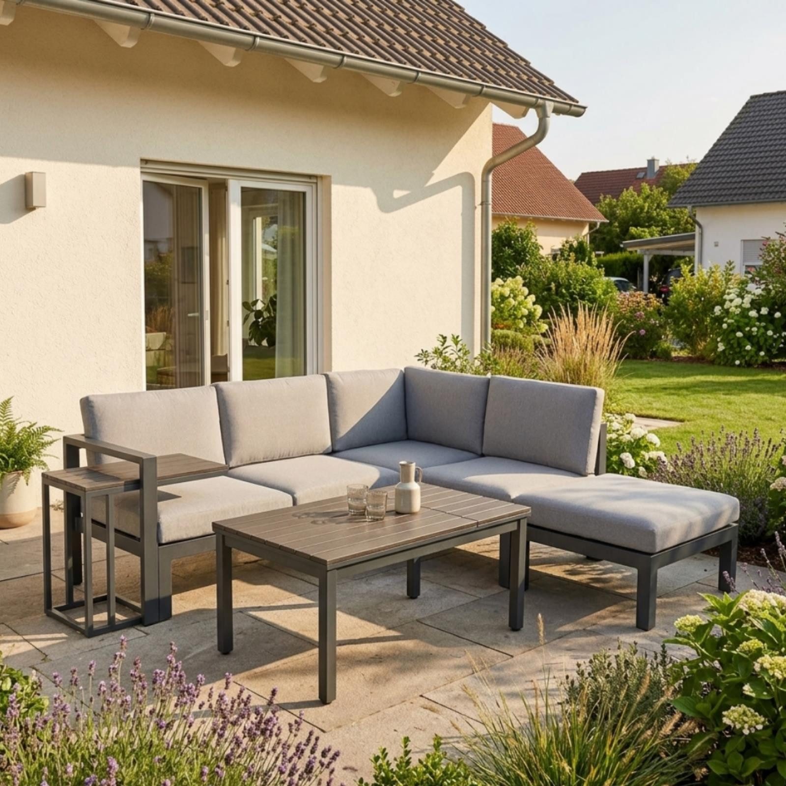 bellavista - Home&Garden® Gartenlounge-Set Gartenlounge-Set Braga 5-Sitzer Aluminium Grau mit Tisch, (Set, 5-tlg., 1x Eckbank (2x 2-Sitzer Bank), 1x Hocker, 1x Tisch, 1x Beistelltisch), grau, Aluminium, für 5 Personen, wetterfest - Garten, Terrasse