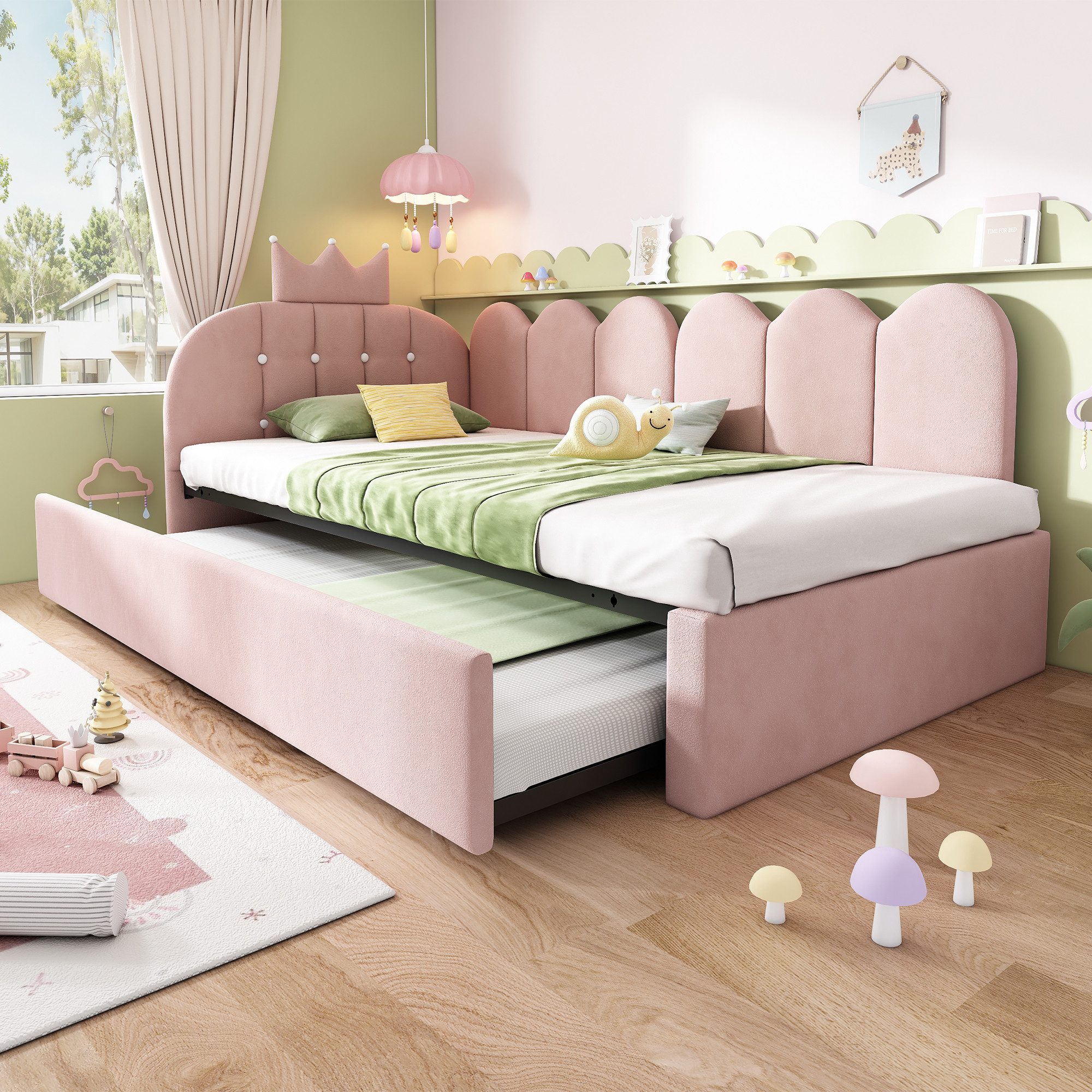 Flieks Polsterbett, Daybett L-Form 90x200cm mit Kronen-Design und Ausziehbett 90x190cm