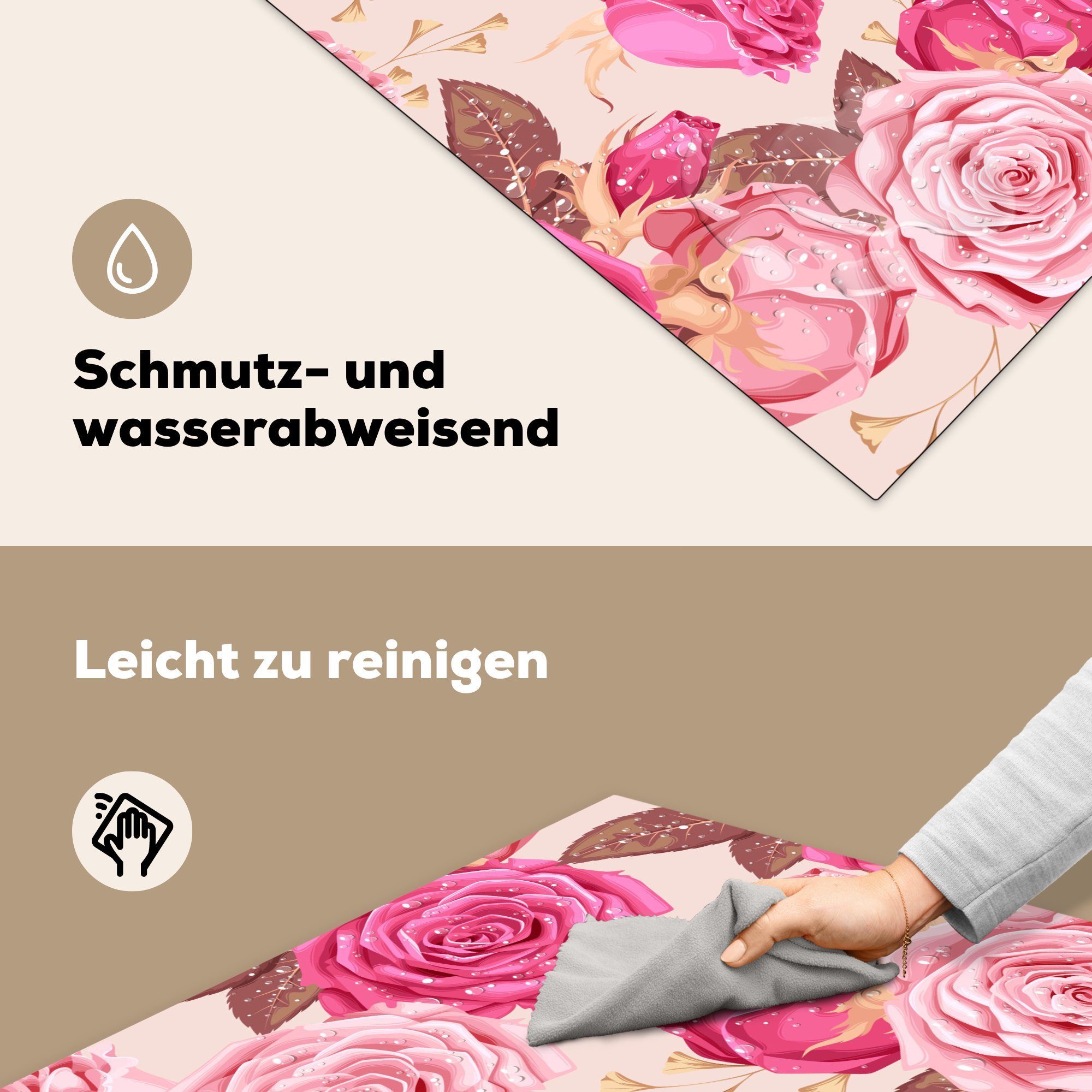 Arbeitsplatte MuchoWow - 78x78 (1 Ceranfeldabdeckung, - küche Blumen für tlg), cm, Vinyl, Muster, Herdblende-/Abdeckplatte Rosen