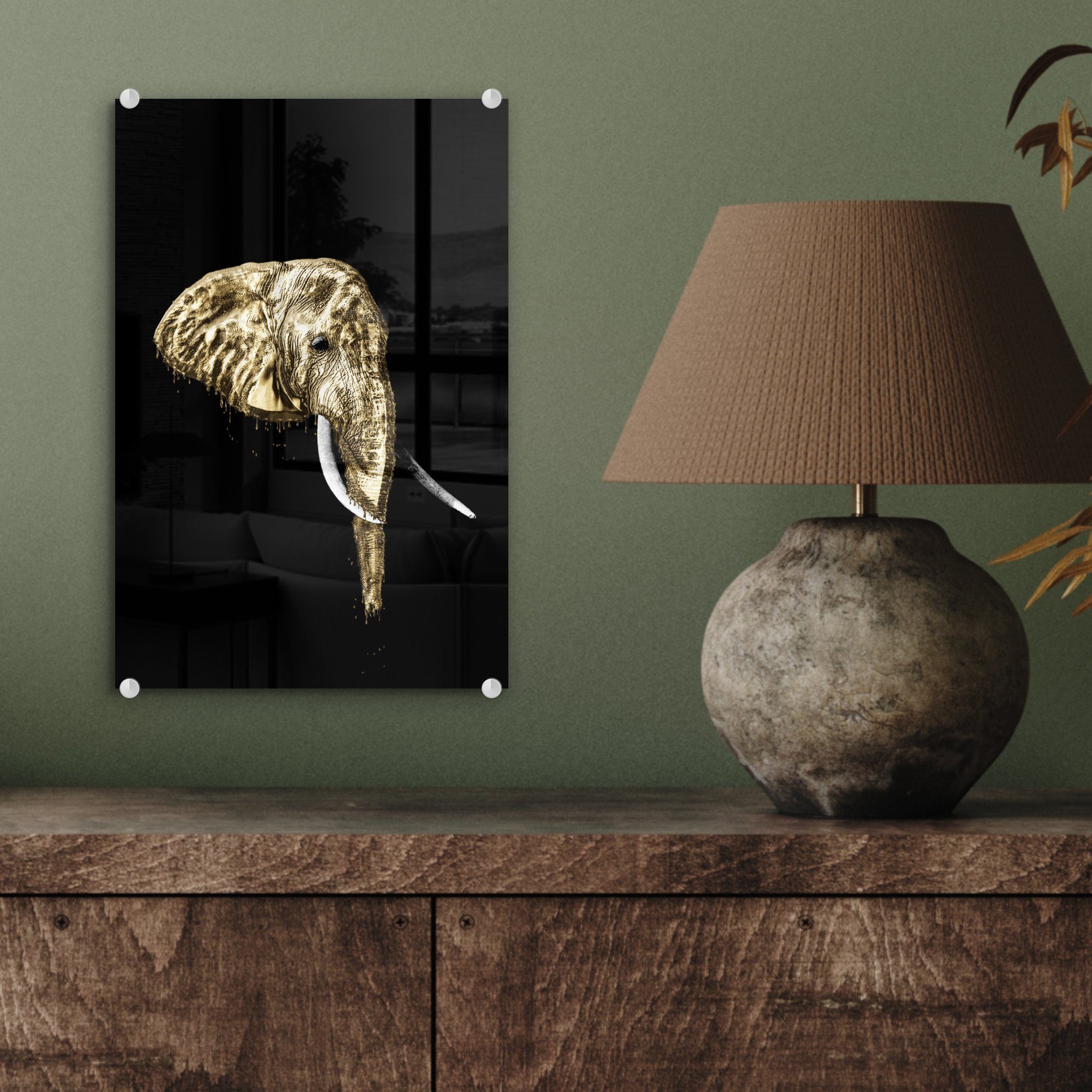 MuchoWow Acrylglasbild Elefant - Schwarz (1 Glasbilder - bunt Bilder Glas Gold, auf St), auf - Foto - - Glas Wandbild Wanddekoration