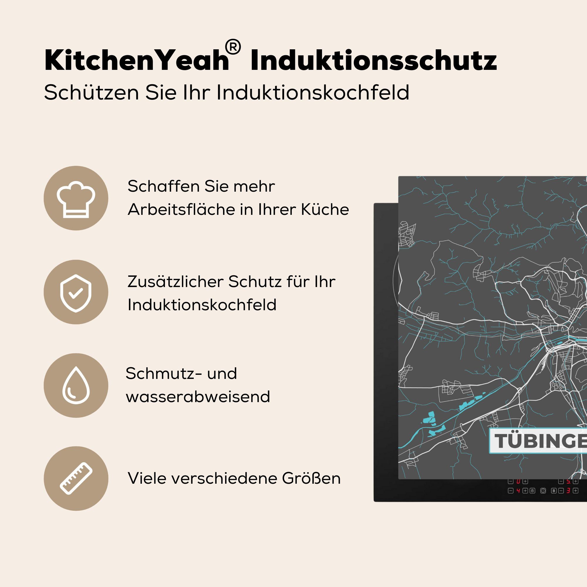 MuchoWow Herdblende-/Abdeckplatte Blau Vinyl, Deutschland Stadtplan Arbeitsplatte Tübingen, (1 cm, - - für küche Ceranfeldabdeckung, 78x78 - Karte tlg), 