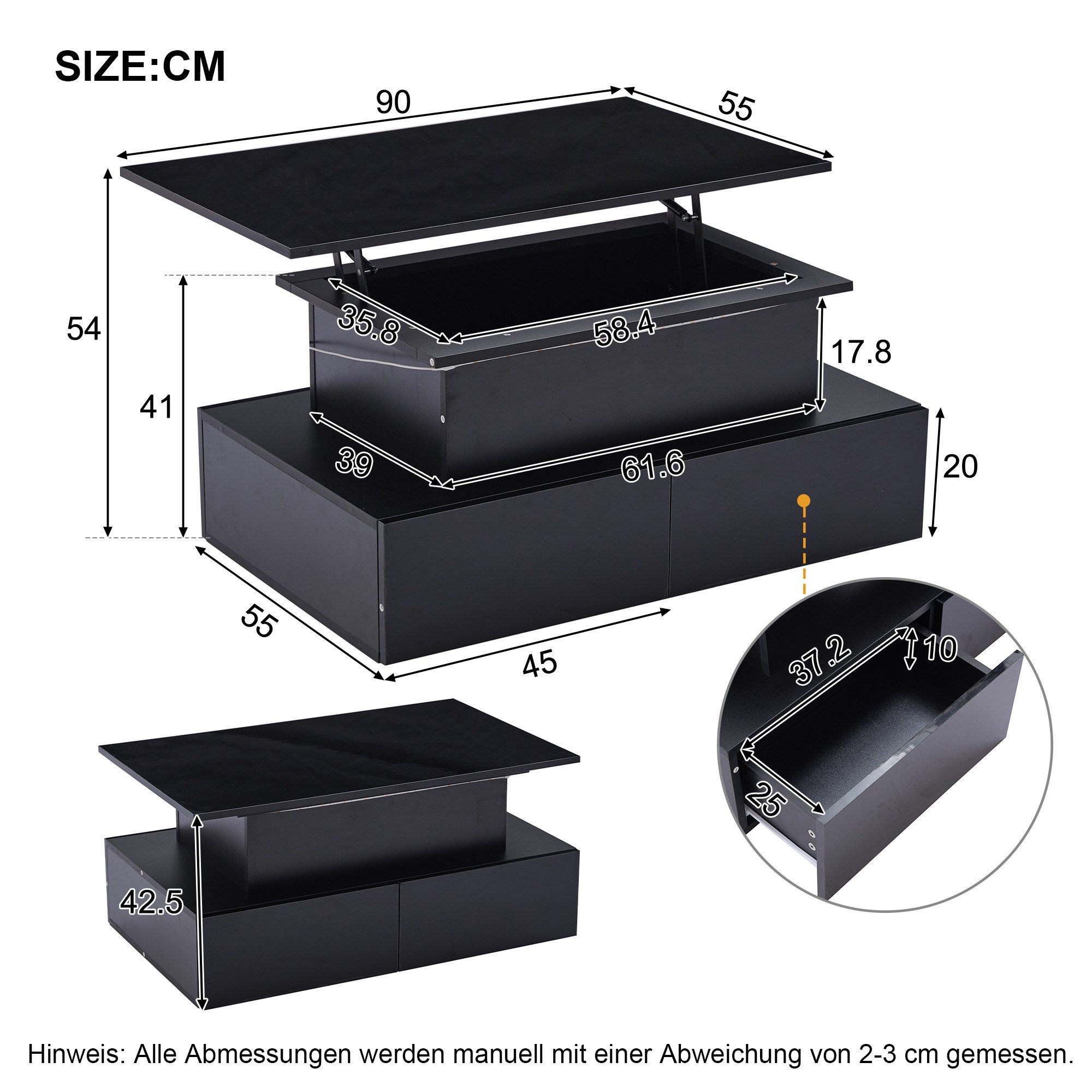 KLAM HOME Couchtisch Höhenverstellbarer Couchtisch Mit LED Beleuchtung Und Schublade (Moderner Beistelltisch 90x55x41 cm mit ausziehbarer Tischplatte), Couchtisch mit Stauraum, Click-to-Open Schubladen & App-LED