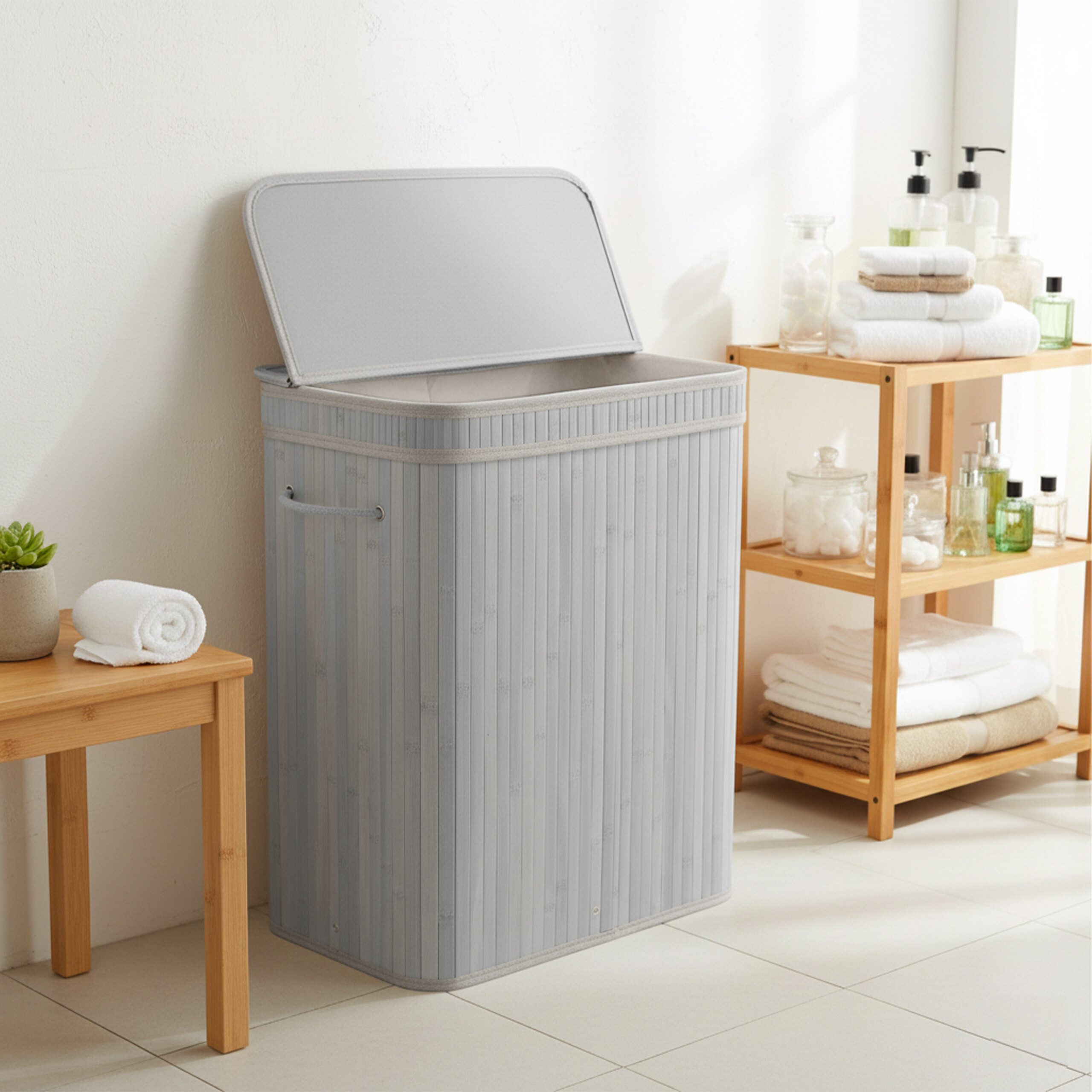 relaxdays Wäschekorb Bambus Wäschekorb mit Deckel (1 St), grau, 72 L – Bild 3 von 5