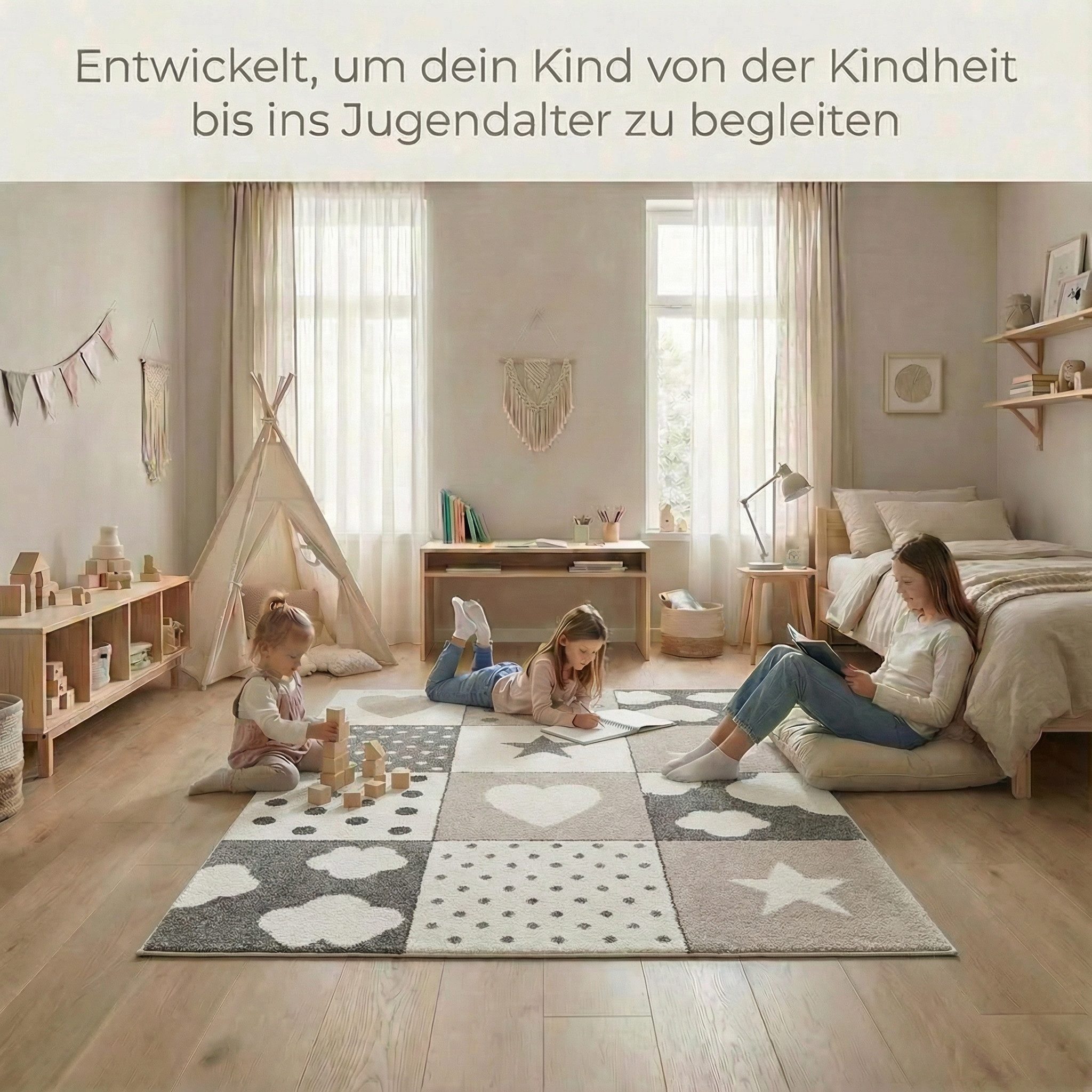 Jimri Kinderteppich Happy Friends Teppich für Kinderzimmer, Kinderteppich Bär Hase Panda, Läufer