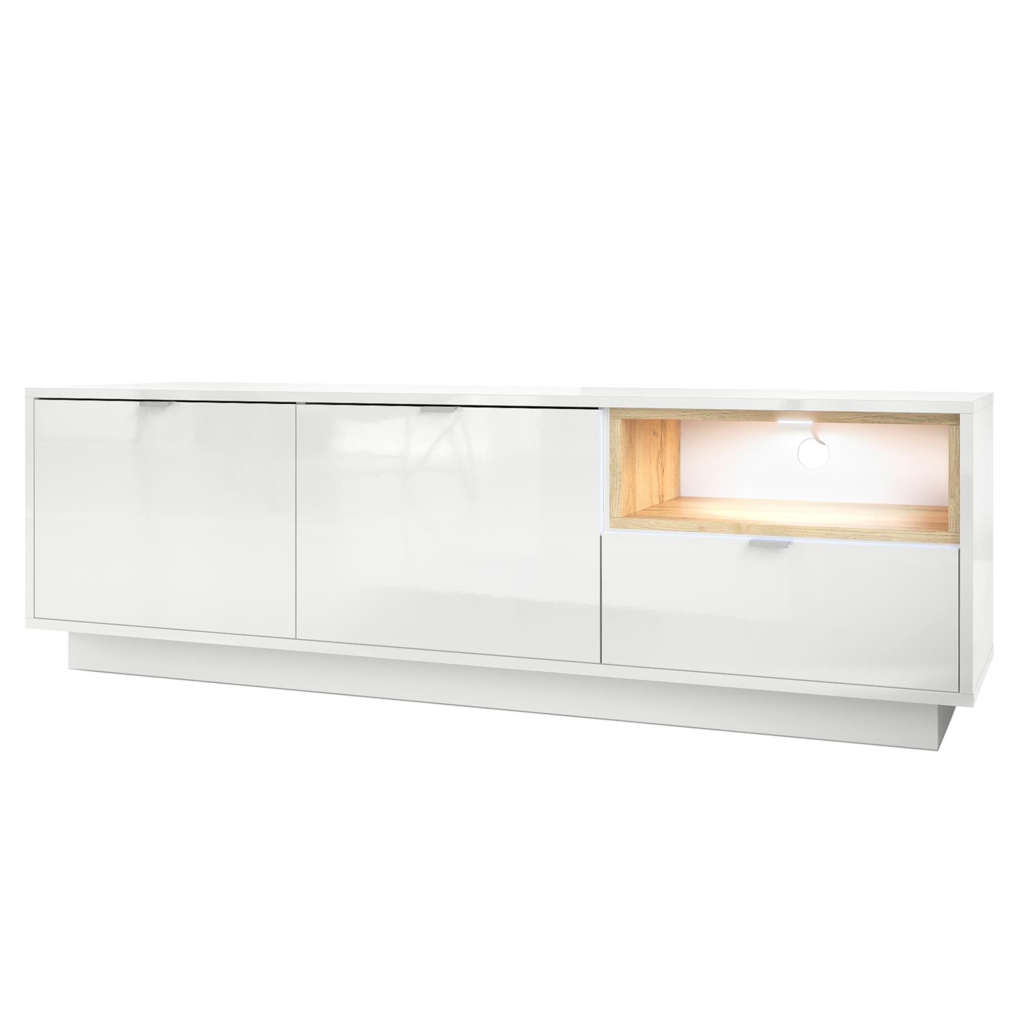 Vladon Lowboard Metro (Lowboard, mit 2 Türen, Schublade und offenem Fach), Weiß Hochglanz/Eiche Natur inkl. LED-Beleuchtung (153 x 48 x 37 cm)