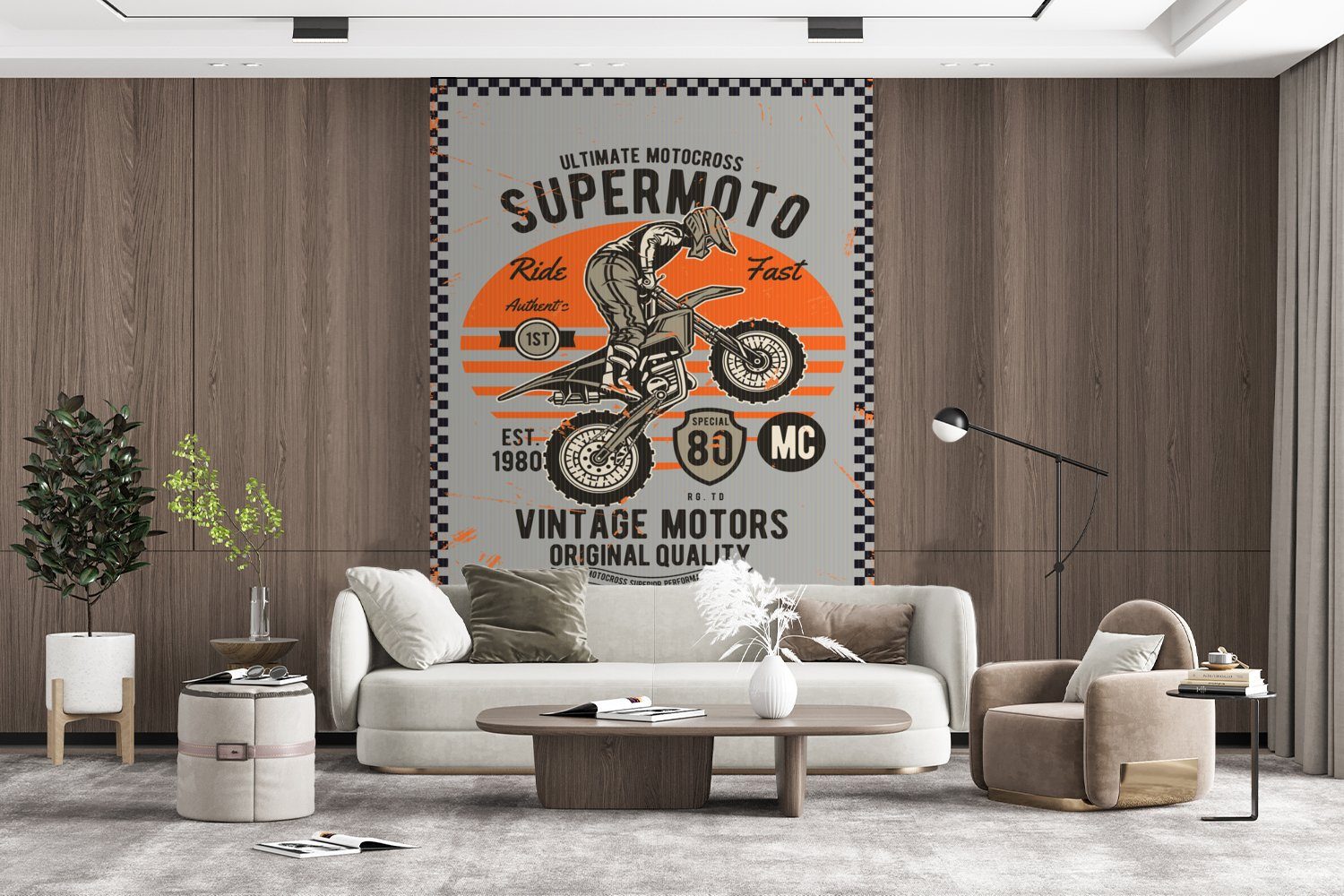 Retro, Montagefertig - Fototapete bedruckt, - Vinyl Motocross Wohnzimmer, Wandtapete St), - MuchoWow für Motor (3 Tapete Matt, Mancave