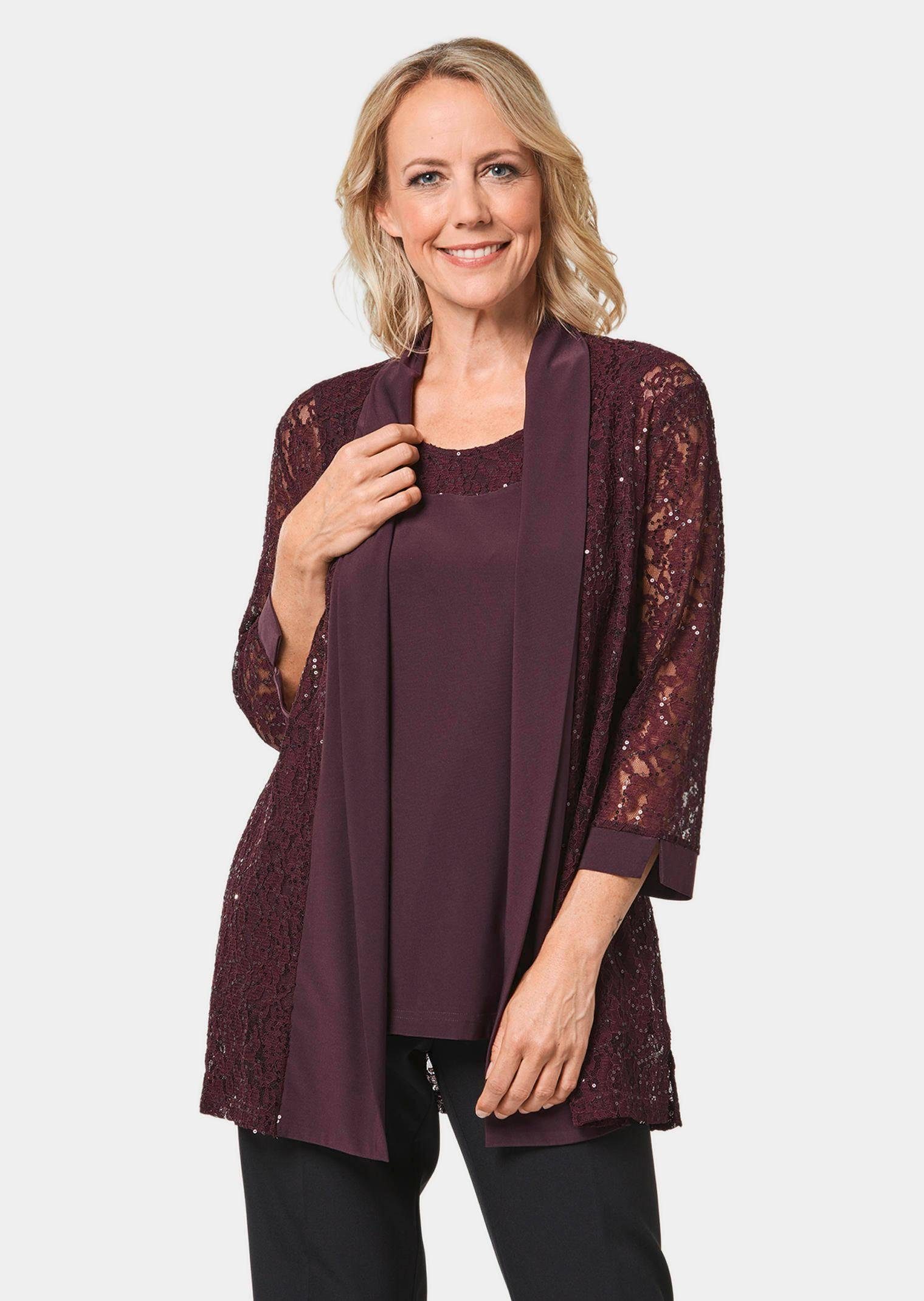 GOLDNER Shirtbluse Elegantes Set mit Pailletten-Details Spitzenjacke mit Schalkragen und 3/4-Arm, Basictop mit Spitzenblende – Bild 3 von 5