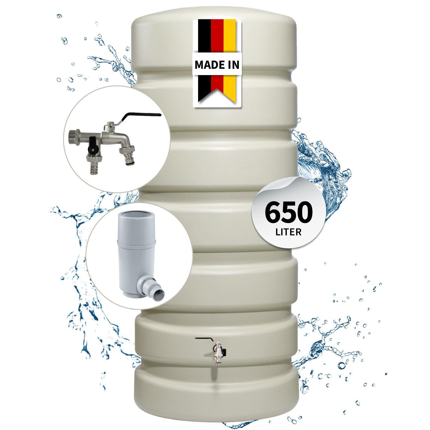 4rain Regentonne CLASSIC Regentonne Wandtank Komplett-Set 650 L, sandbeige, 650 l