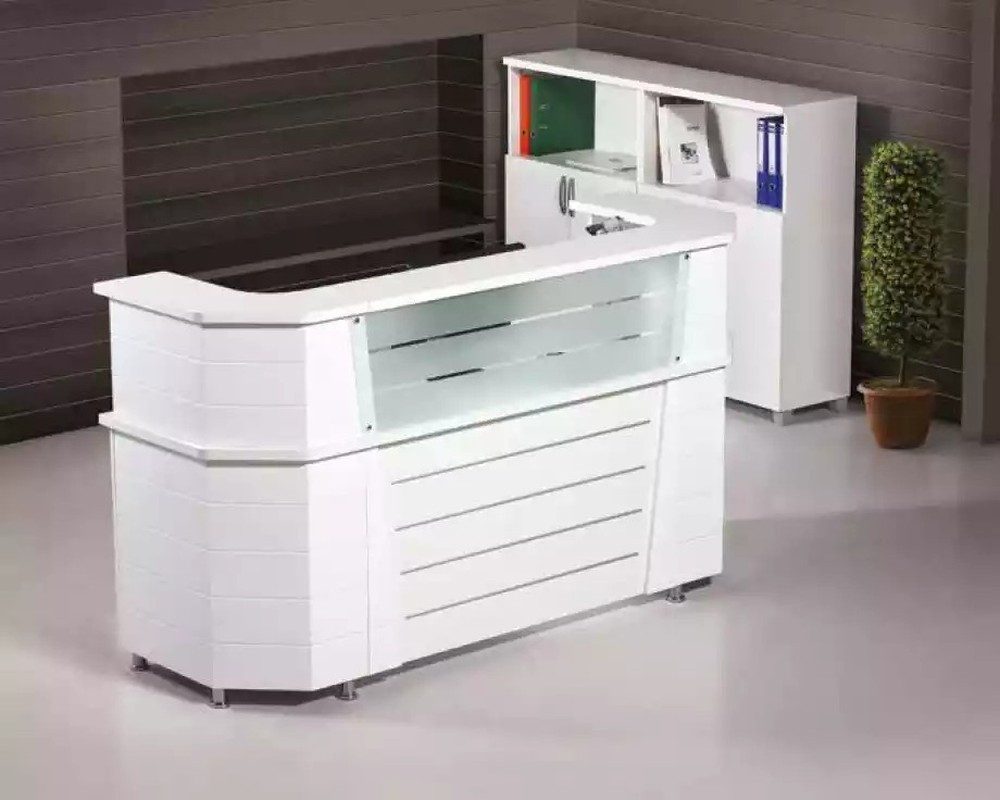 JVmoebel Empfangstheke Moderne Empfangstheke in Weiß mit silberfarbenen Füßen aus Holz (1 Empfangstheke), Made in Europa