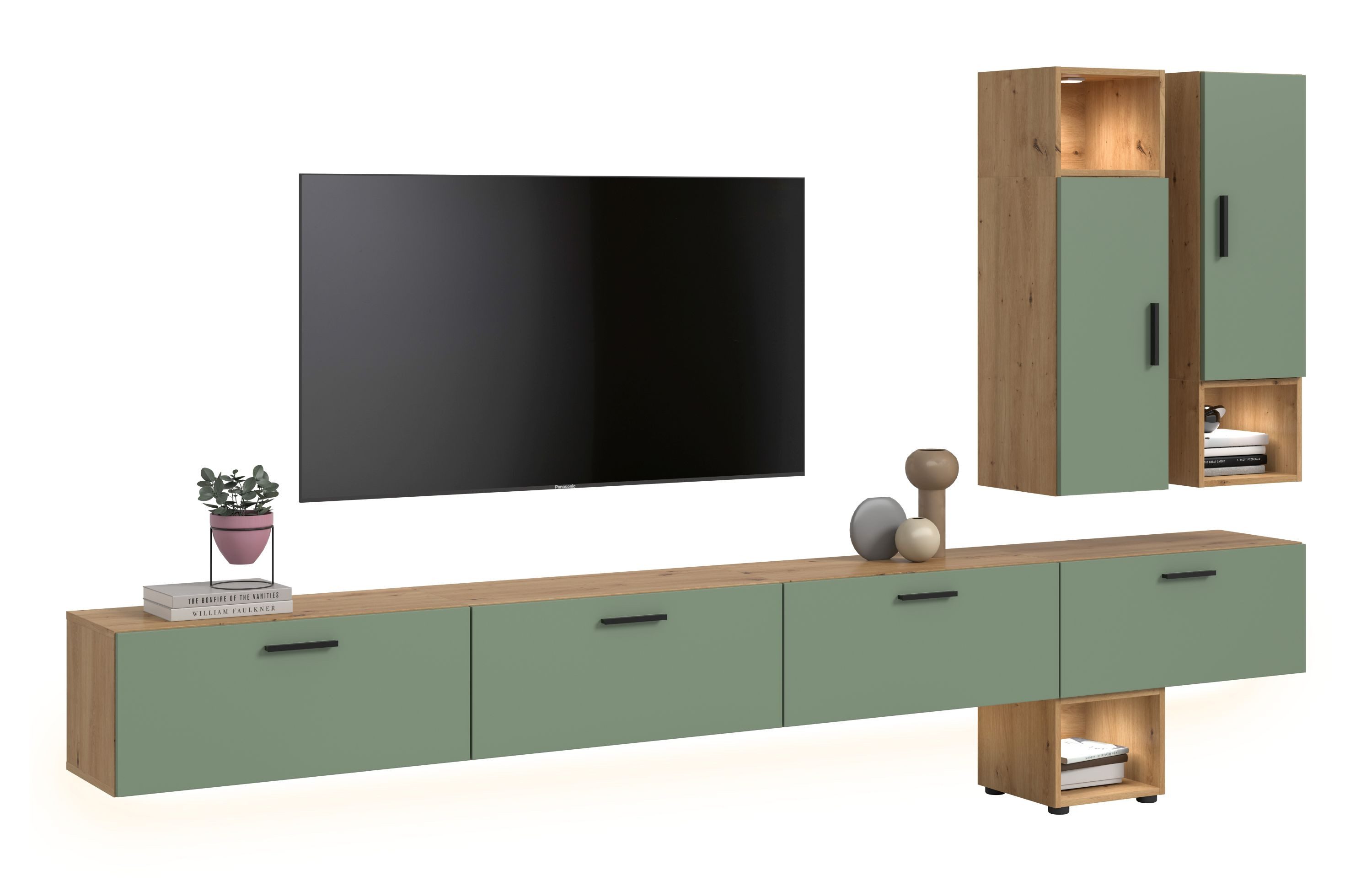 xonox.home Wohnwand, inkl Beleuchtung in Artisan Oak/ Smoke Green B/H/T: 300x178x34 cm
