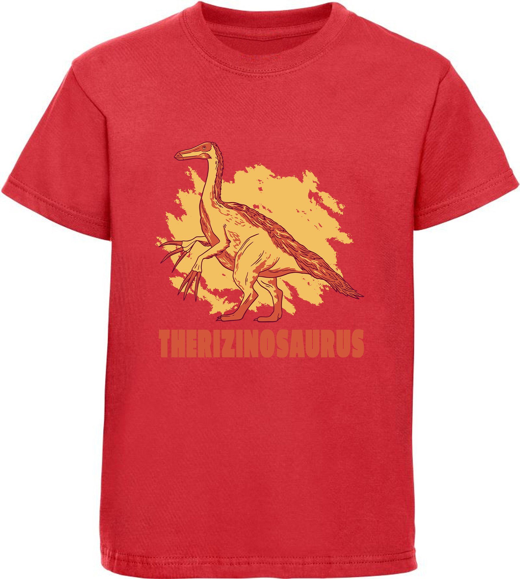 mit Print-Shirt Kinder MyDesign24 bedrucktes T-Shirt weiß, Dino, Baumwollshirt rot, schwarz, i87 mit Therizinosaurus blau,