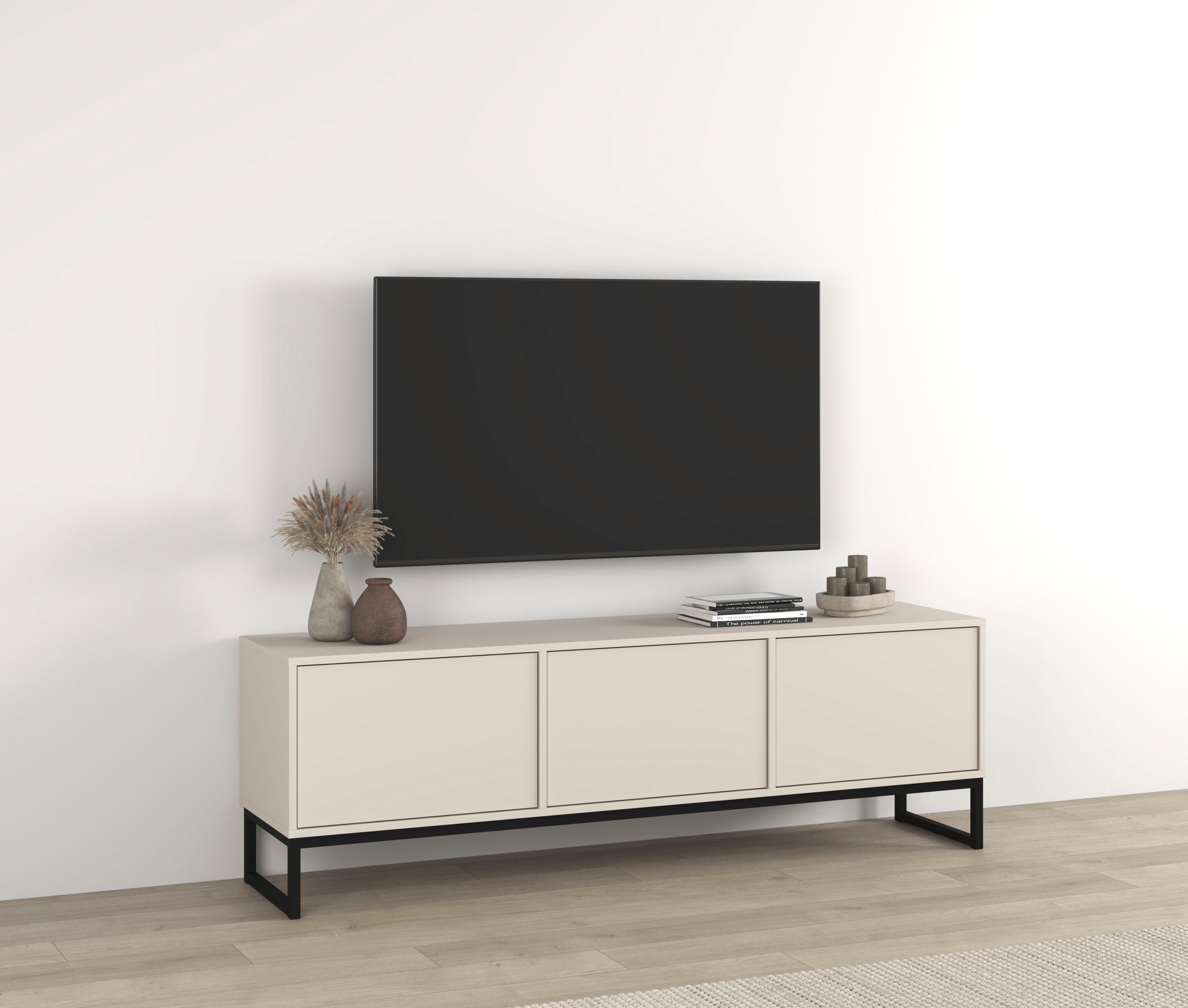 OTTO home Lowboard Loft, Breite 157 cm, TV-Board 3 Klappen, Metallkufen, TV-Kommode mit viel Stauraum, push-to-open-Funktion