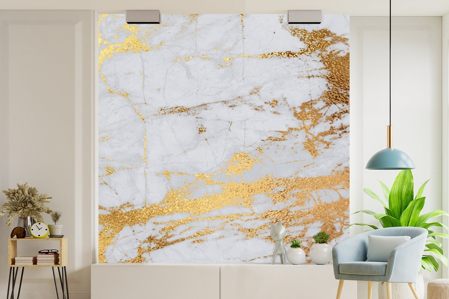 Stein, bedruckt, Gold Wandtapete Fototapete Schlafzimmer, MuchoWow Grau - Matt, Vinyl oder - St), (5 Tapete - für Wohnzimmer Marmor