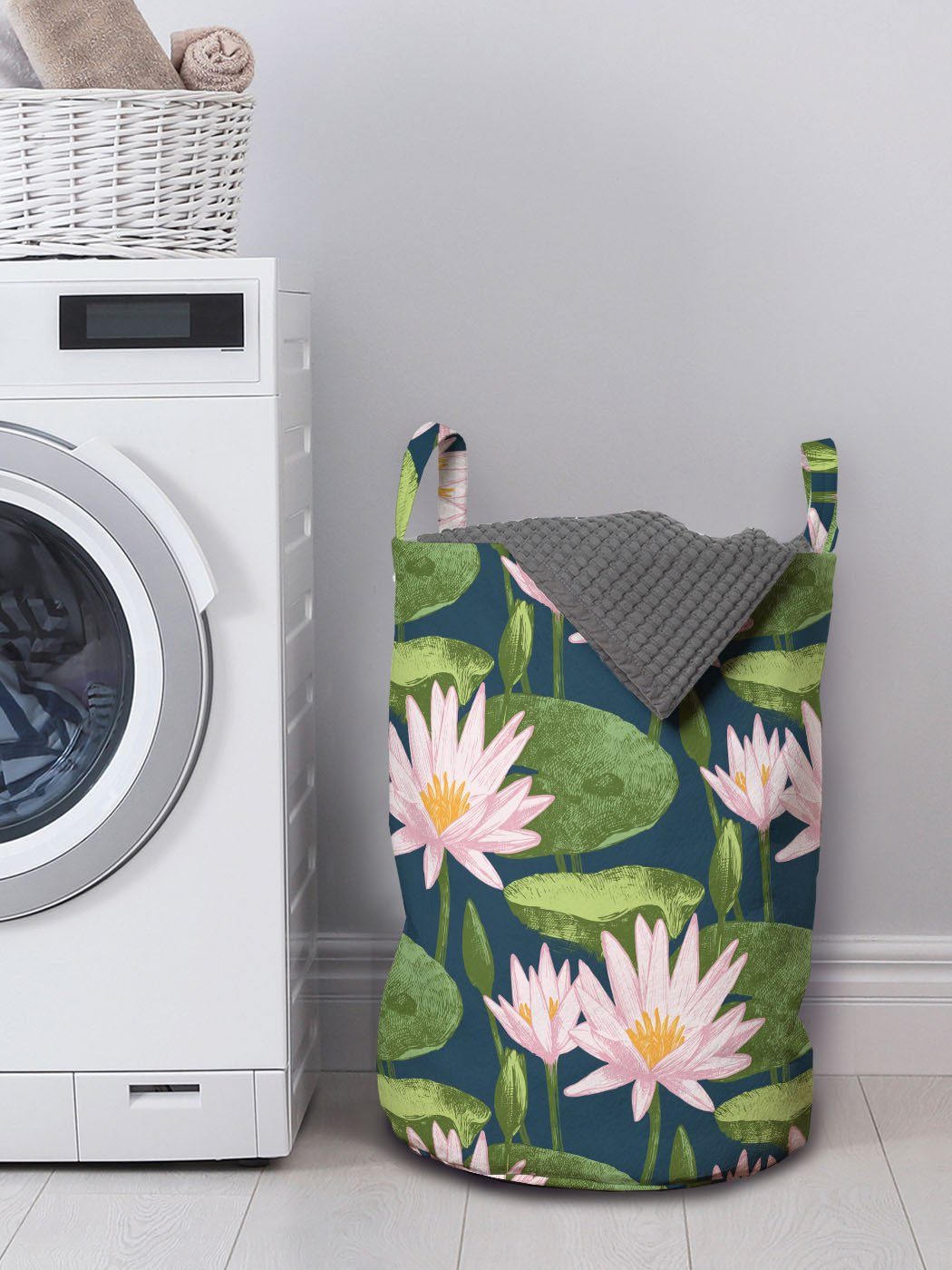 Abakuhaus Waschsalons, auf Kordelzugverschluss Wäschekorb Wäschesäckchen mit Griffen Rosa Teich Blüten für Lilie