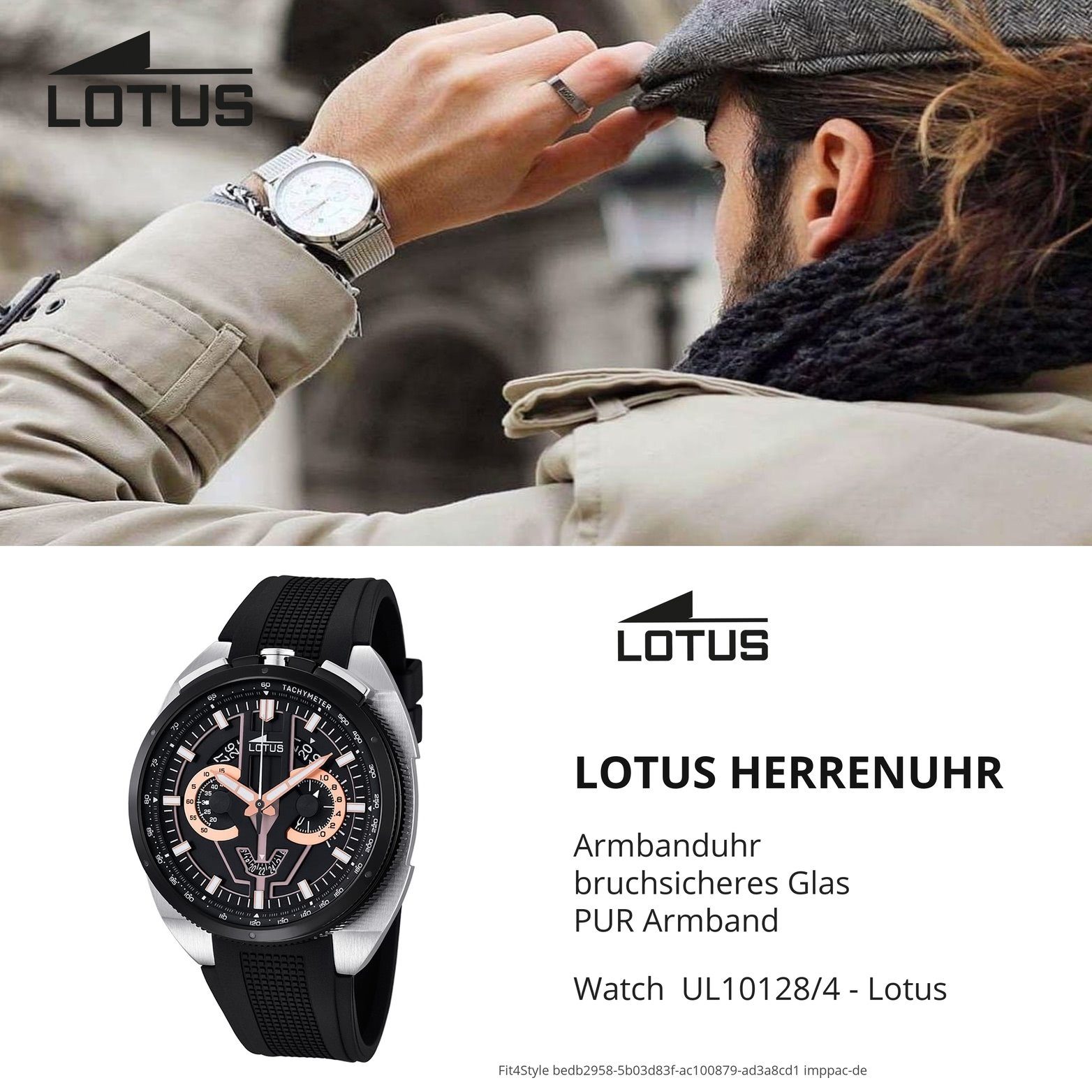 Lotus L10128/4, (ca. Lotus mit Herrenuhr Uhr 45mm), Gehäuse, PURarmband, Herren Chronograph PUR Sport-Style groß rundes