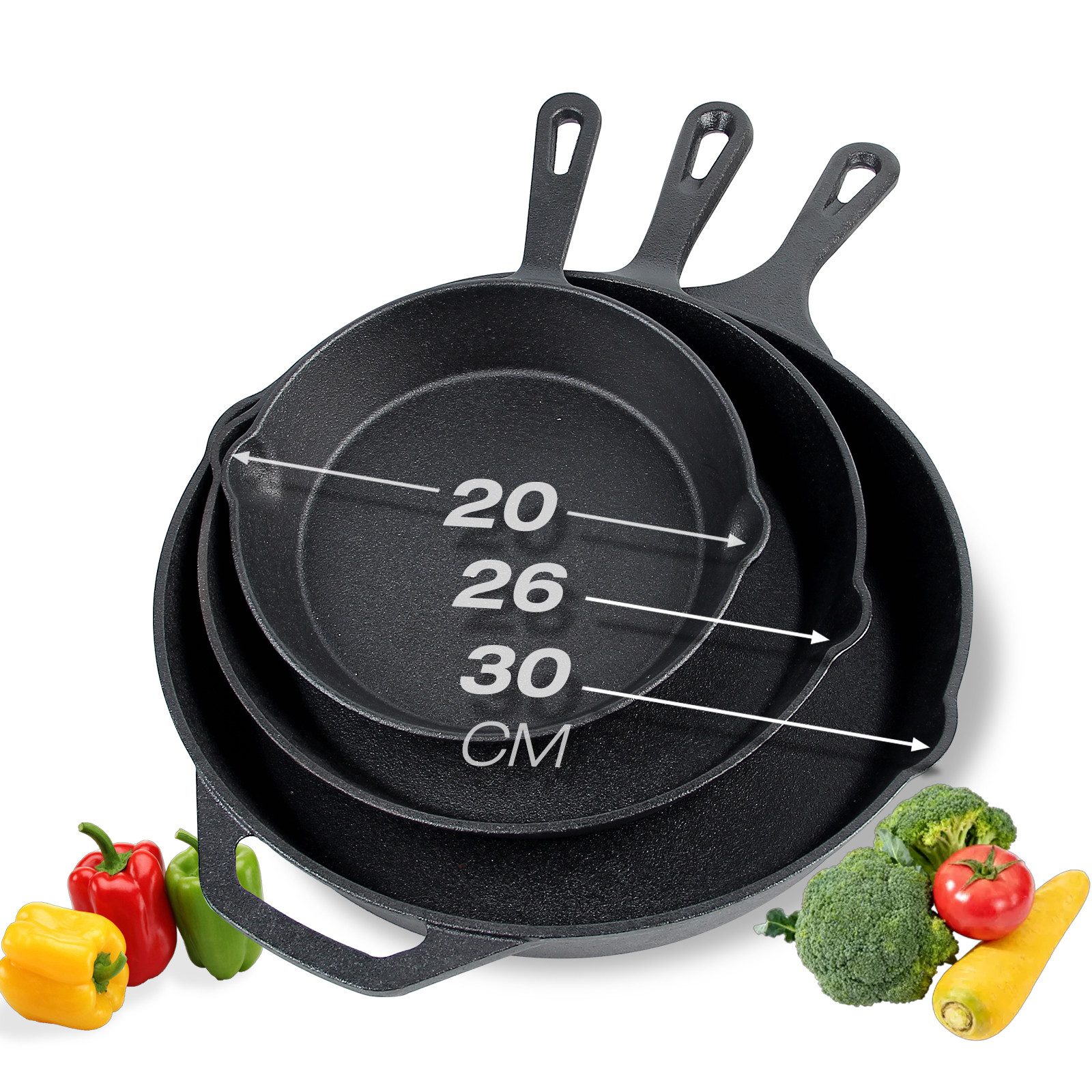 HOMELUX Pfannen-Set Gusseisenpfanne Ø16/20/26/30cm Bratpfanne Gusseisen Induktion Antihaft, Gusseisen (Gusseisenpfannen-Set, 3-tlg., 3x Gusseisenpfanne 20/26/30 cm), Alle Herdarten Ofen & Grill geeignet, Voreingebrannt