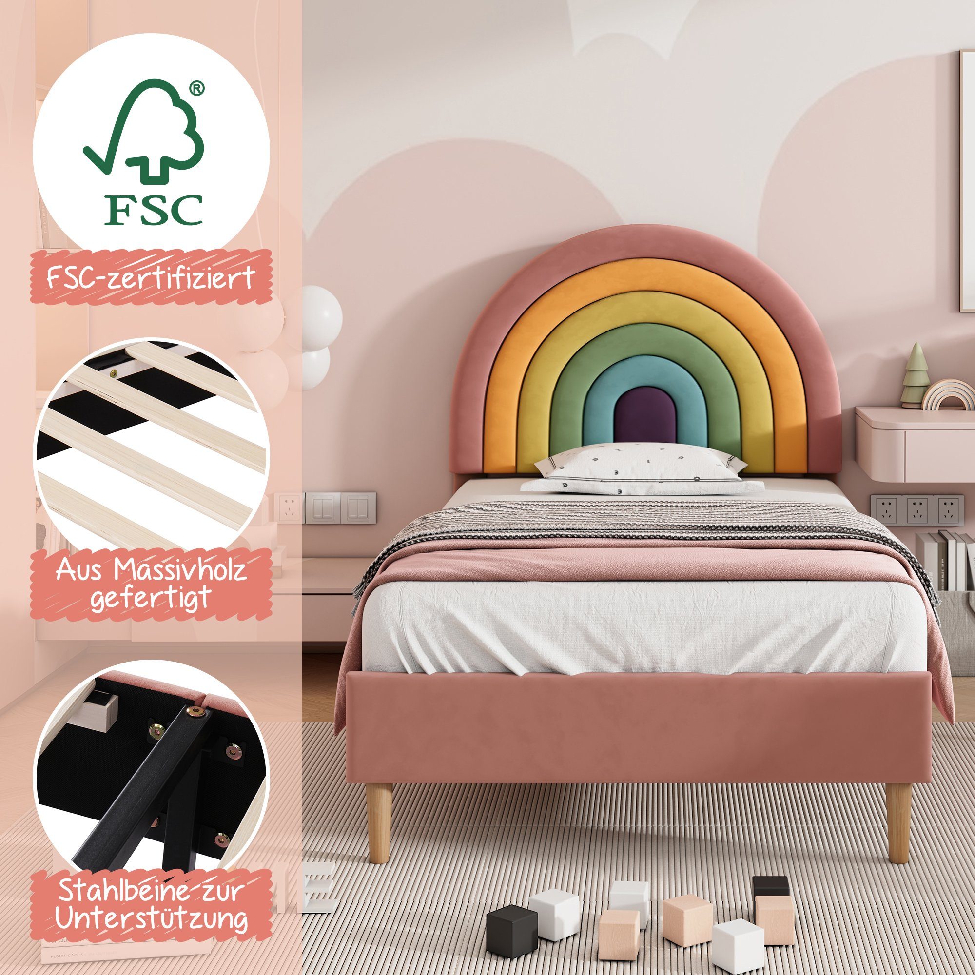 Polsterbett (Jugendbett mit Lattenrost), Kinderbett mit verstellbarem Regenbogen-Kopfteil, 90x200 cm, Samt