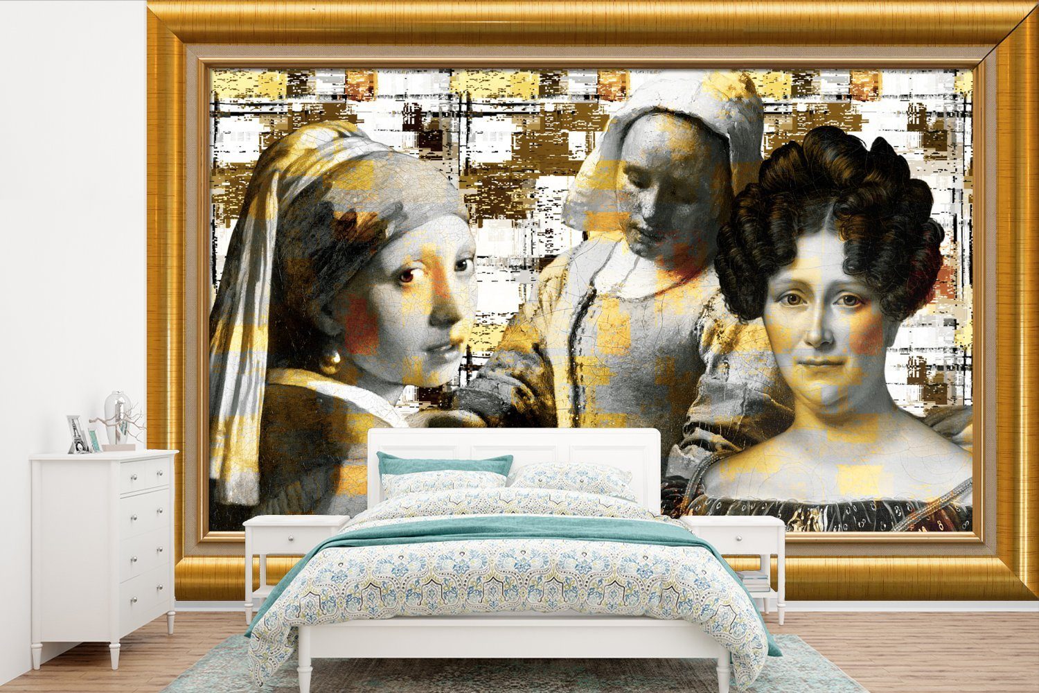 MuchoWow Fototapete Kunst - Alte Meister - Rahmen - Gold, Matt, bedruckt, (6 St), Wallpaper für Wohnzimmer, Schlafzimmer, Kinderzimmer, Vinyl Tapete