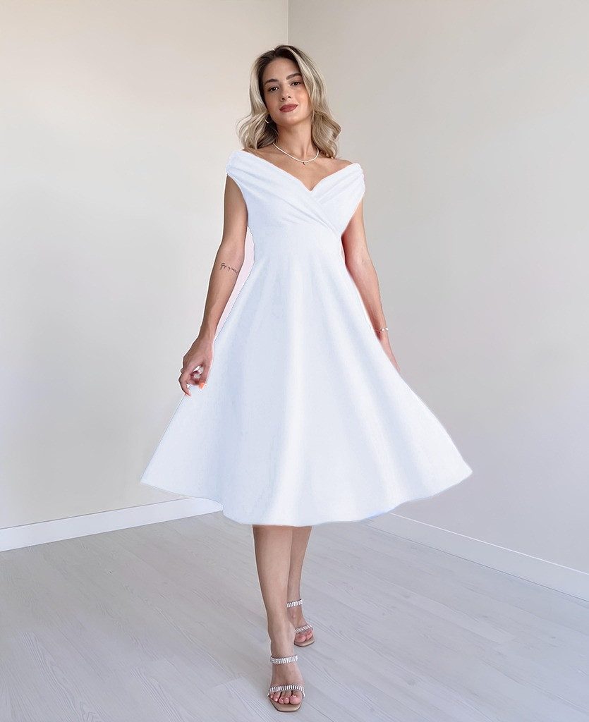 Moda Yakamoz Midikleid JANE'S Damen Kurzarm Doppelreihiger Volantrock Kreppkleid