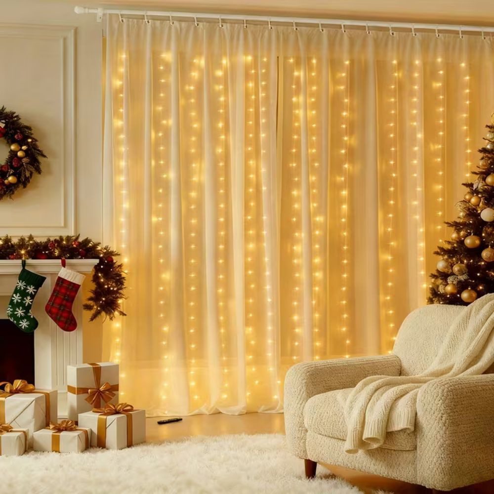 Wrischan Lichterkette Lichtervorhang 3x3m mehrfarbig USB Lichterkette Vorhang Fenster 300LED, 8 Beleuchtungsmodi, Fernbedienung, USB-betrieben, langlebig – Bild 4 von 5