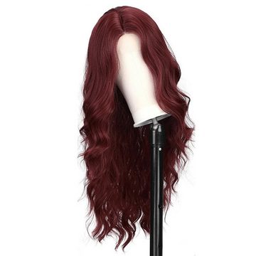AUKUU Kostüm-Perücke Modische kleine Spitzenperücke für Damen bordeauxrot, langes lockiges Haar volle Kopfbedeckung aus Chemiefaser
