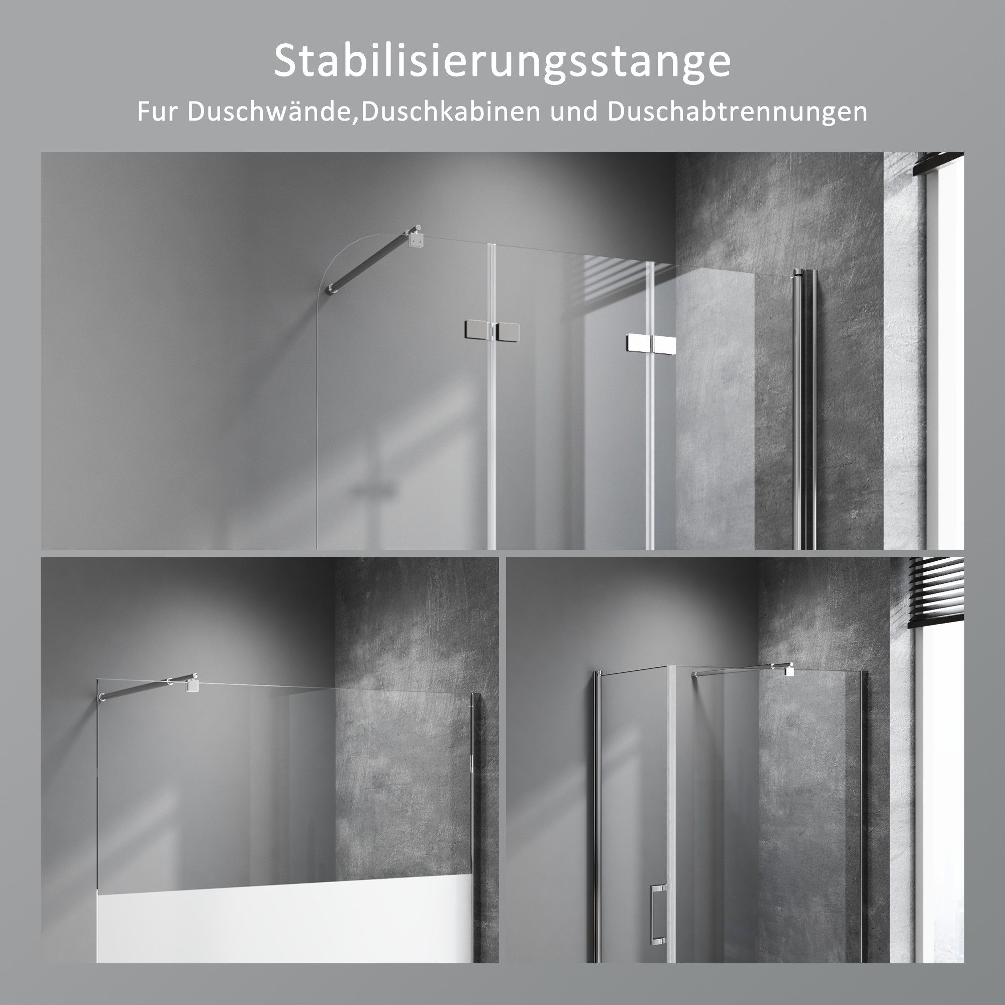 Boromal Duschwand-Stabilisationsstange Haltestange für 5-10 mm Walk In Duschwände Glaswand Stabilisator, justierbar 70-120cm Edelstahl / Schwarz