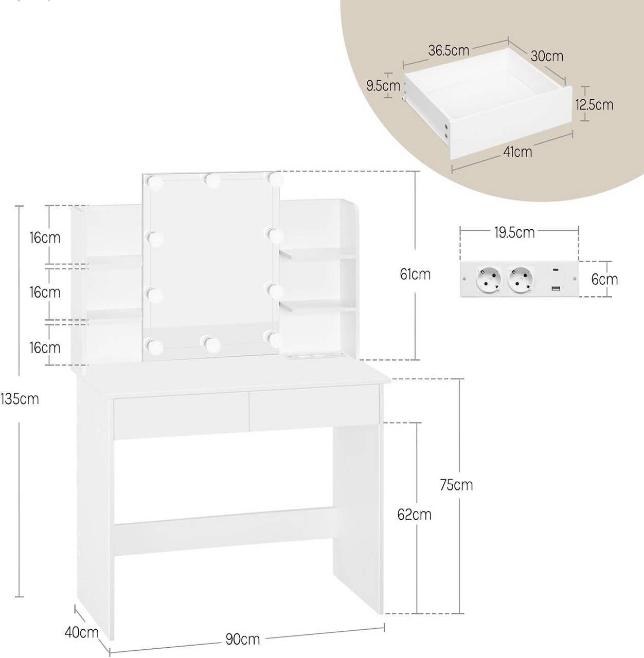 Woltu Schminktisch (1-St), mit LED-Beleuchtung, Steckdosenleiste, Frisiertisch weiß mit Spiegel