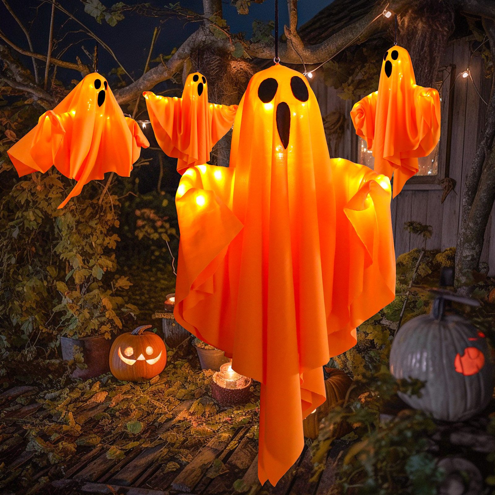 Lapamax LED-Lichterkette Halloween-Gespenst, Hängende Geister, warmweiß, 3 Lichtmodi, Batteriebetrieb, Stofffigur für Garten,Terrasse, Hof,Veranda