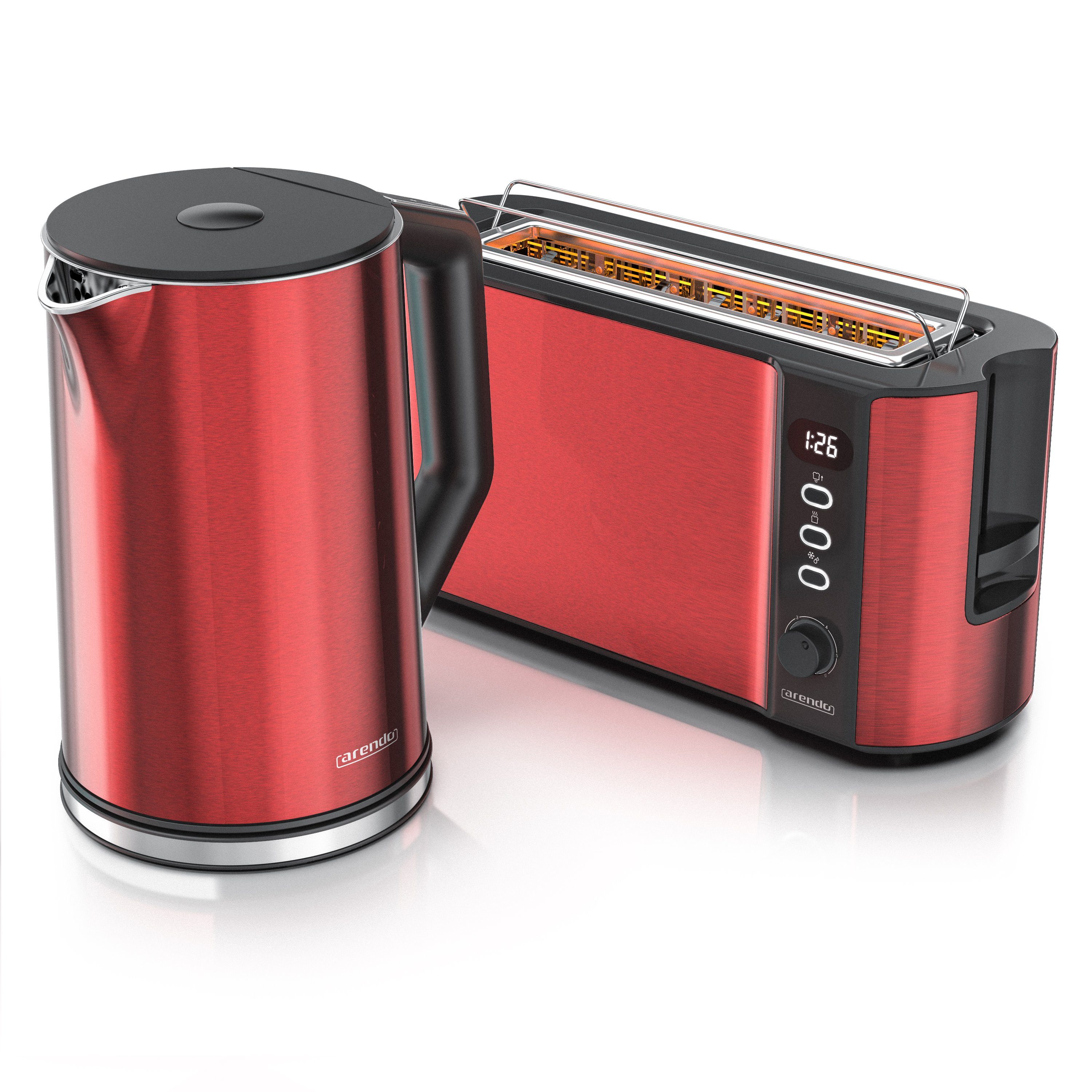 Arendo Frühstücks-Set Wasserkocher 1,5l & 2-Scheiben Langschlitz Toaster, Edelstahl, Rot (2-tlg), Wasserkocher mit Temperaturwahl, Toaster mit Brötchenaufsatz