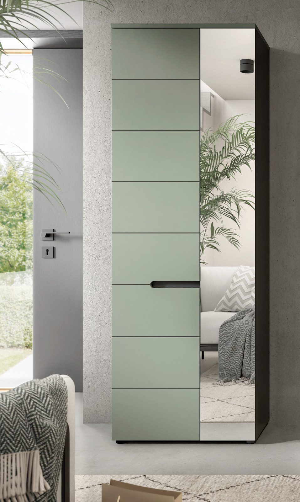 Inn.Furn Garderobenschrank Cooper (Garderobe und Schuhschrank in Salbei Grün und Basalt Grau, 65 x 190 cm) variable Inneneinteilung, Soft-Close-Funktion