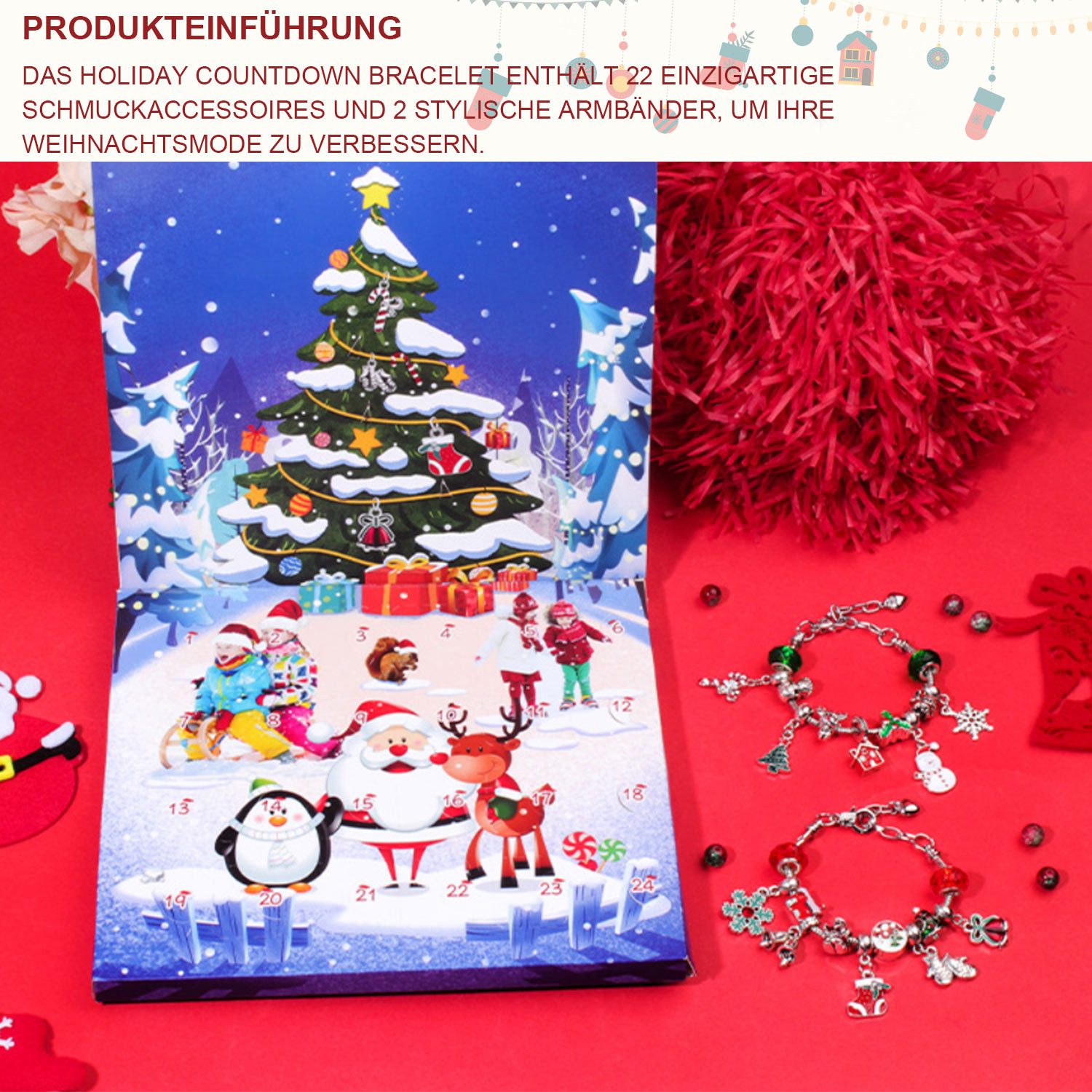 Refttenw Adventskalender Weihnachtskalender Schmuck Mädchen DIY Charm Armband Basteln, mit 22 Perlen und 2 Armbänder