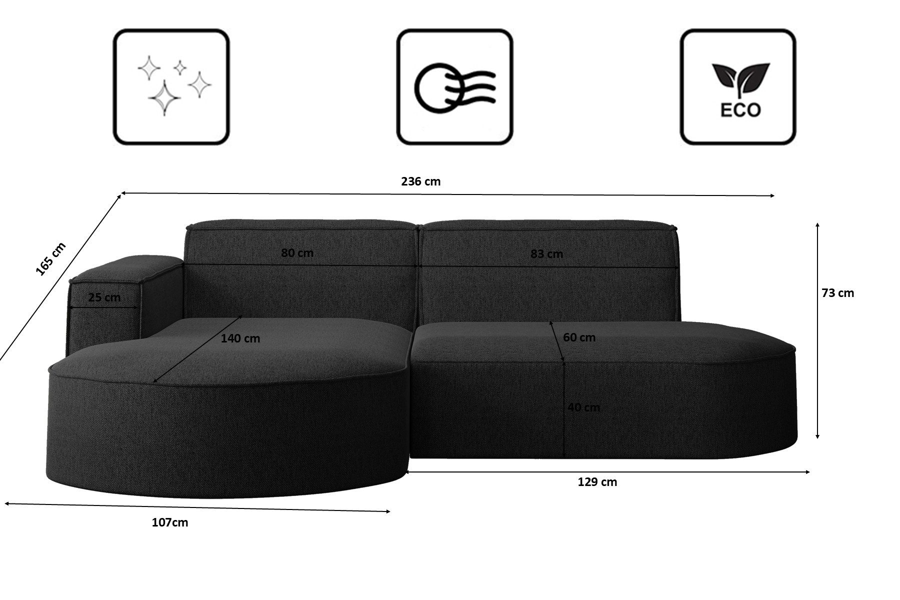 Kaiser Möbel Ecksofa Designer MODENA STUDIO L stoff Verita, Ecksofa, Cord Sofa, L-Form, Links/Rechts wählbar