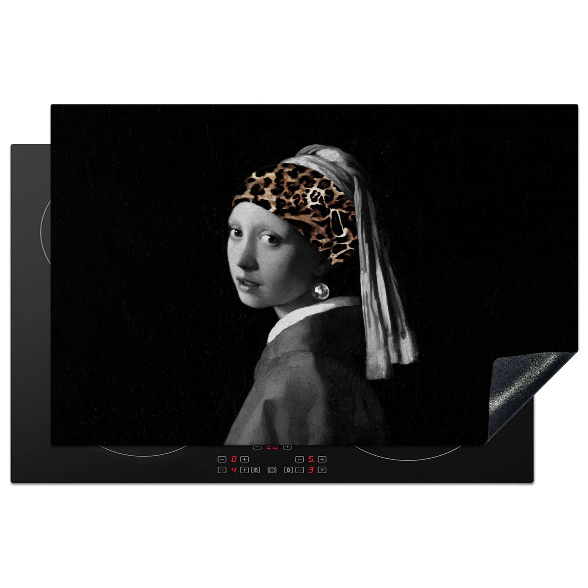 MuchoWow Herdblende-/Abdeckplatte Girl with a Pearl Earring - Stirnband - Pantherdruck, Vinyl, (1 tlg), 81x52 cm, Induktionskochfeld Schutz für die küche, Ceranfeldabdeckung
