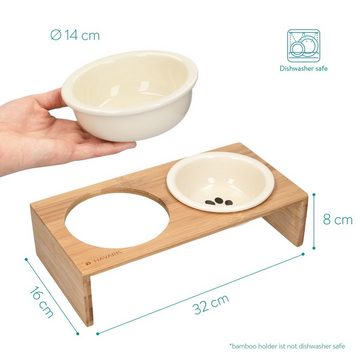 Navaris Tier-Beschäftigungsspielzeug 2x Futternapf mit Bambus Halter - 2er Set Keramiknapf für Katzen/Hunde, Bambus