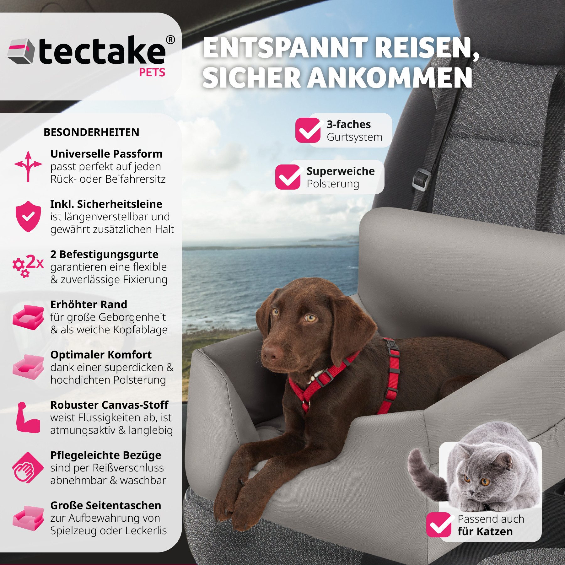 Thumbnail - tectake Hunde-Autositz Hundeautositz, mit Sicherheitsleine und 2 Befestigungsgurten, längenverstellbar