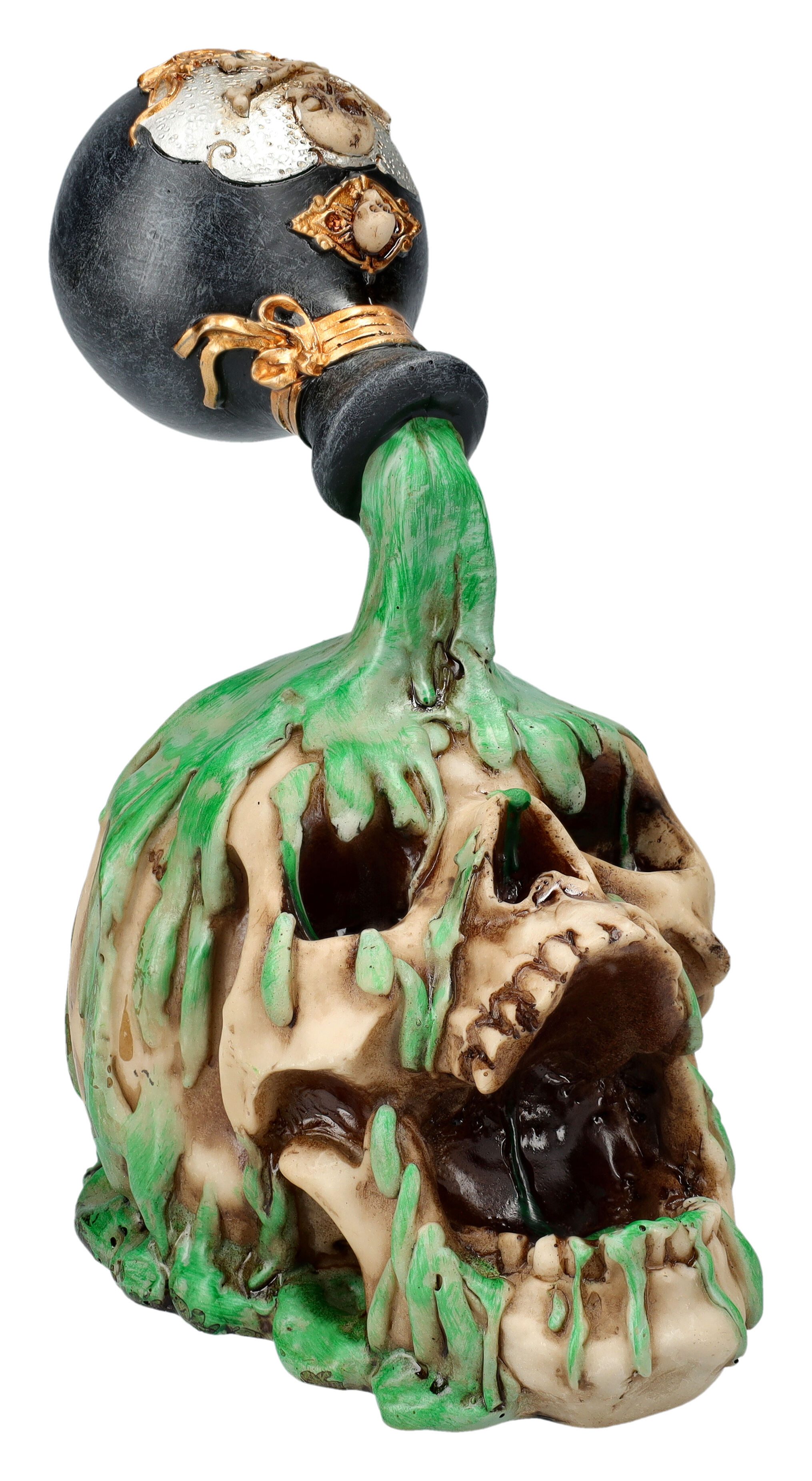 Figuren Shop GmbH Dekofigur Totenkopf Statue – Grusel Totenschädel Skulptur mit Giftflasche 19 cm