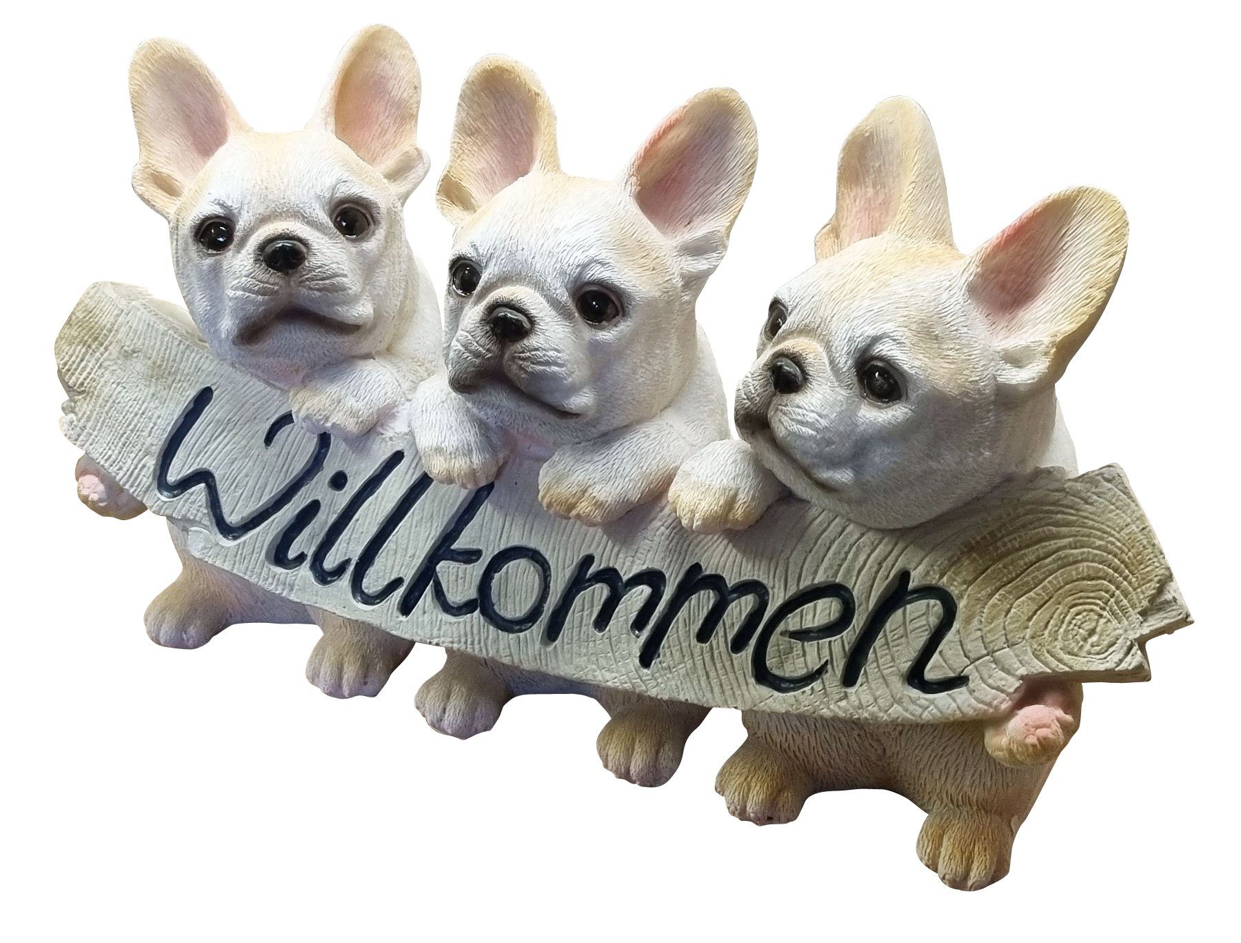 Fachhandel Plus Gartenfigur Willkommen Schild Dekofigur, Garten drei Bulldoggen (1 St), wetterfest